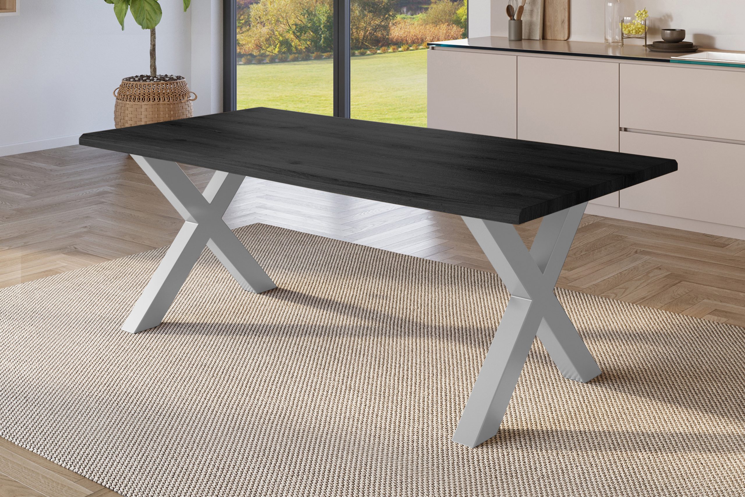 Esstisch 200x100 cm Baumkante Holz Grau-Optik X-Gestell Metall silber JULIUS