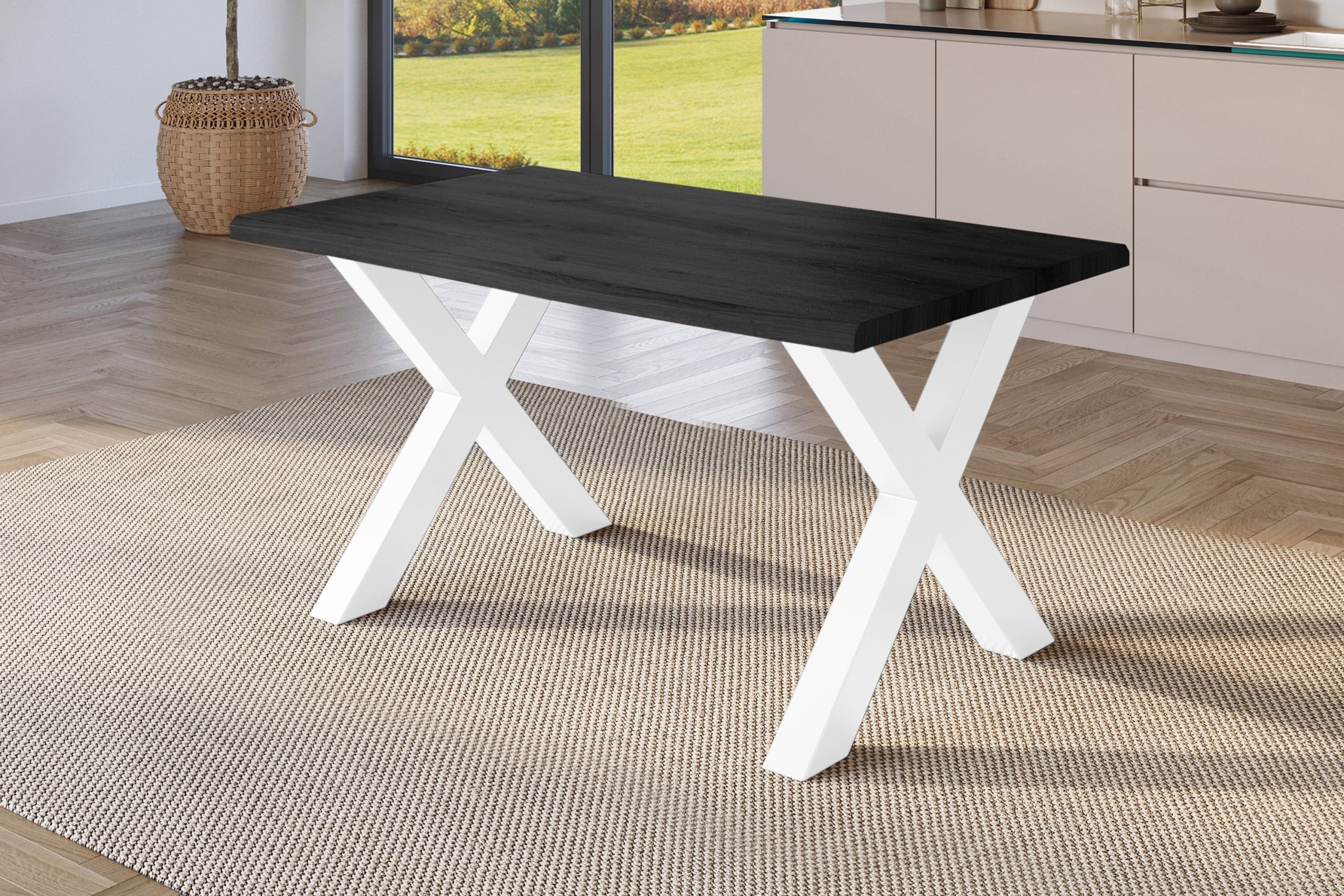 Esstisch 140x80 cm Baumkante Holz Grau-Optik X-Gestell Metall weiß JULIUS