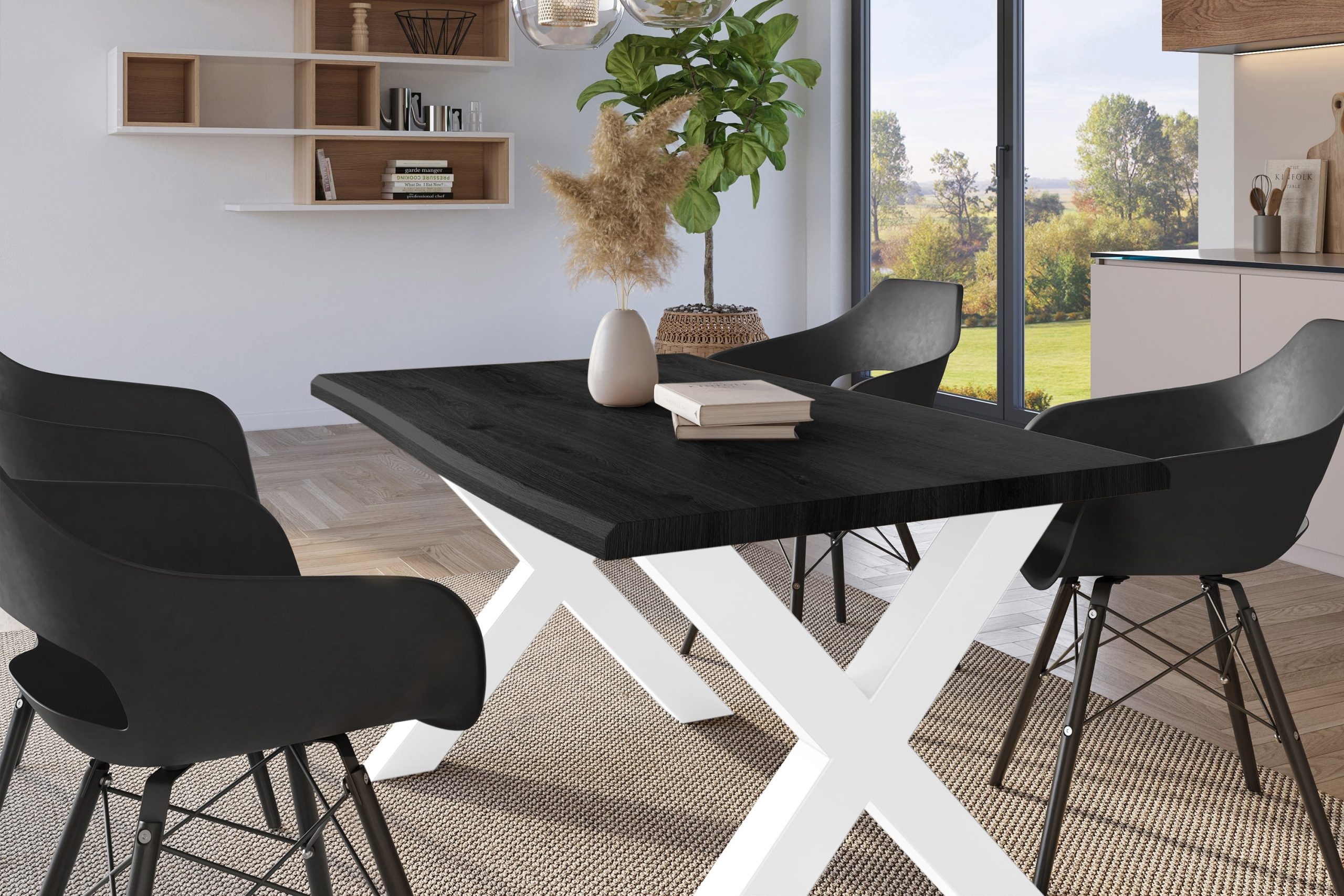 Esstisch 140x80 cm Baumkante Holz Grau-Optik X-Gestell Metall weiß JULIUS – Bild 5