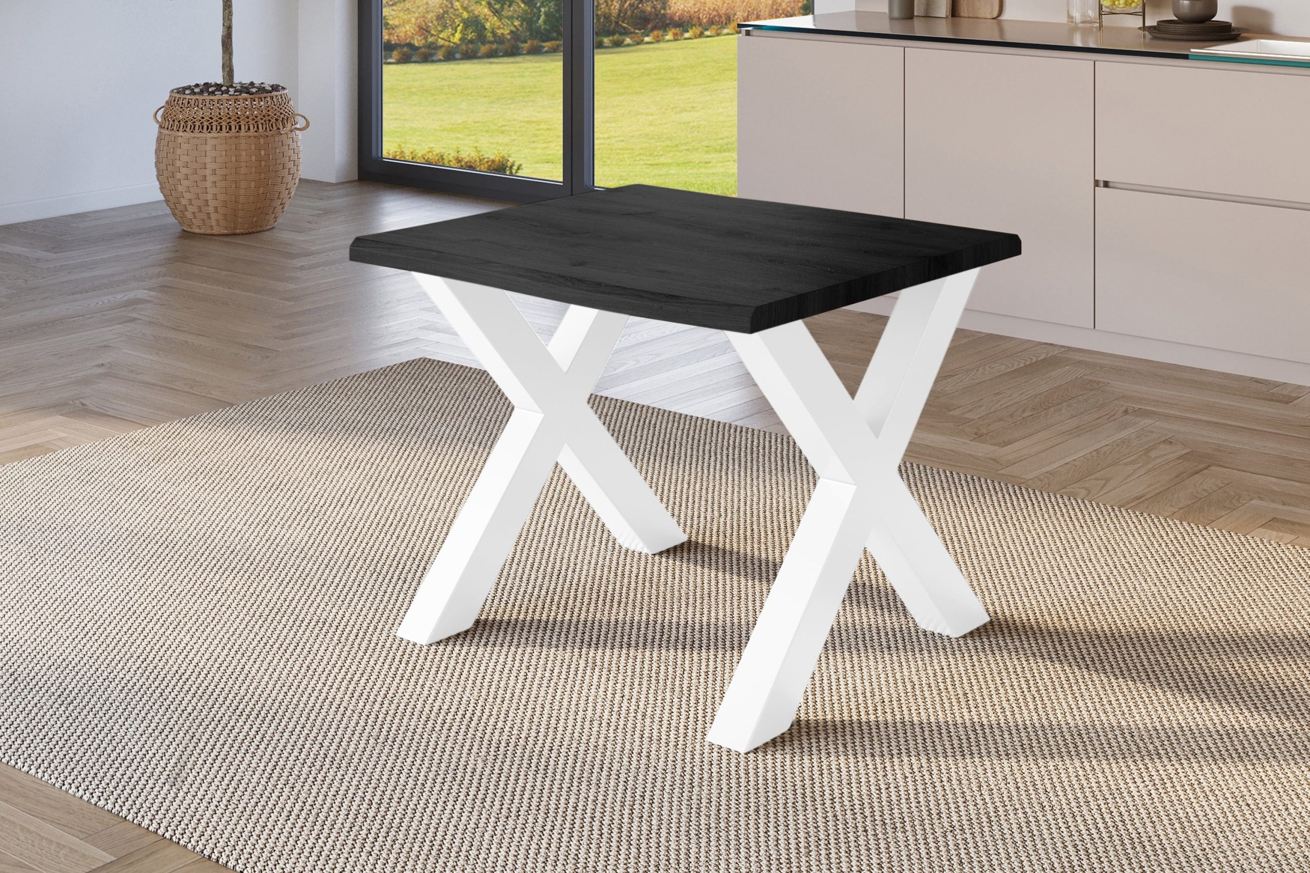 Esstisch 80x80 cm Baumkante Holz Grau-Optik X-Gestell Metall weiß JULIUS