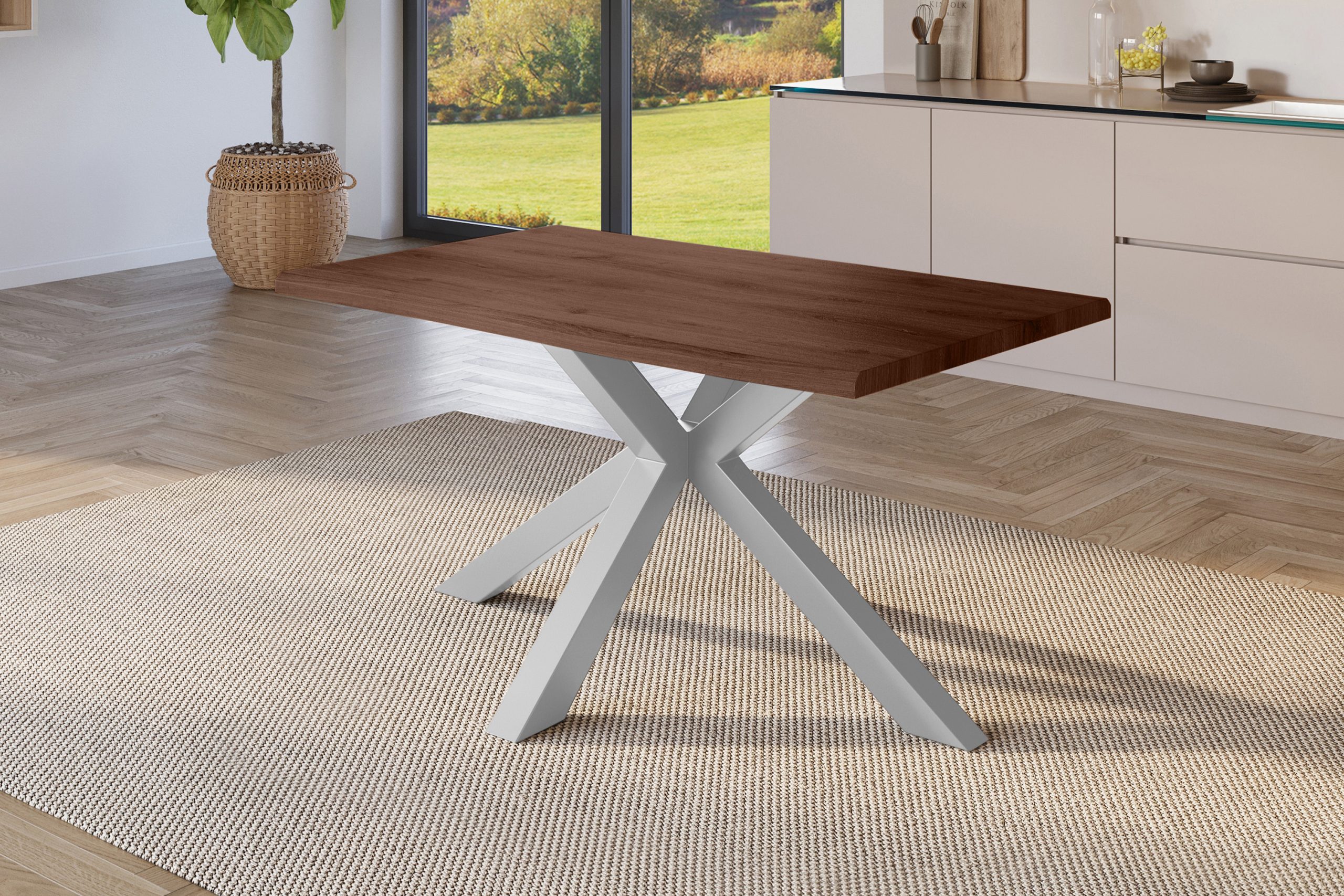 Esstisch 140x80 cm Baumkante Holz Nussbaum-Optik Spider-Gestell Metall silber JULIUS