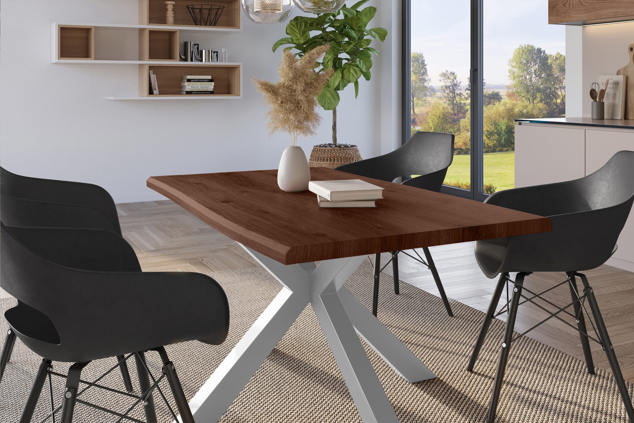 Esstisch 160x85 cm Baumkante Holz Nussbaum-Optik Spider-Gestell Metall silber JULIUS – Bild 4