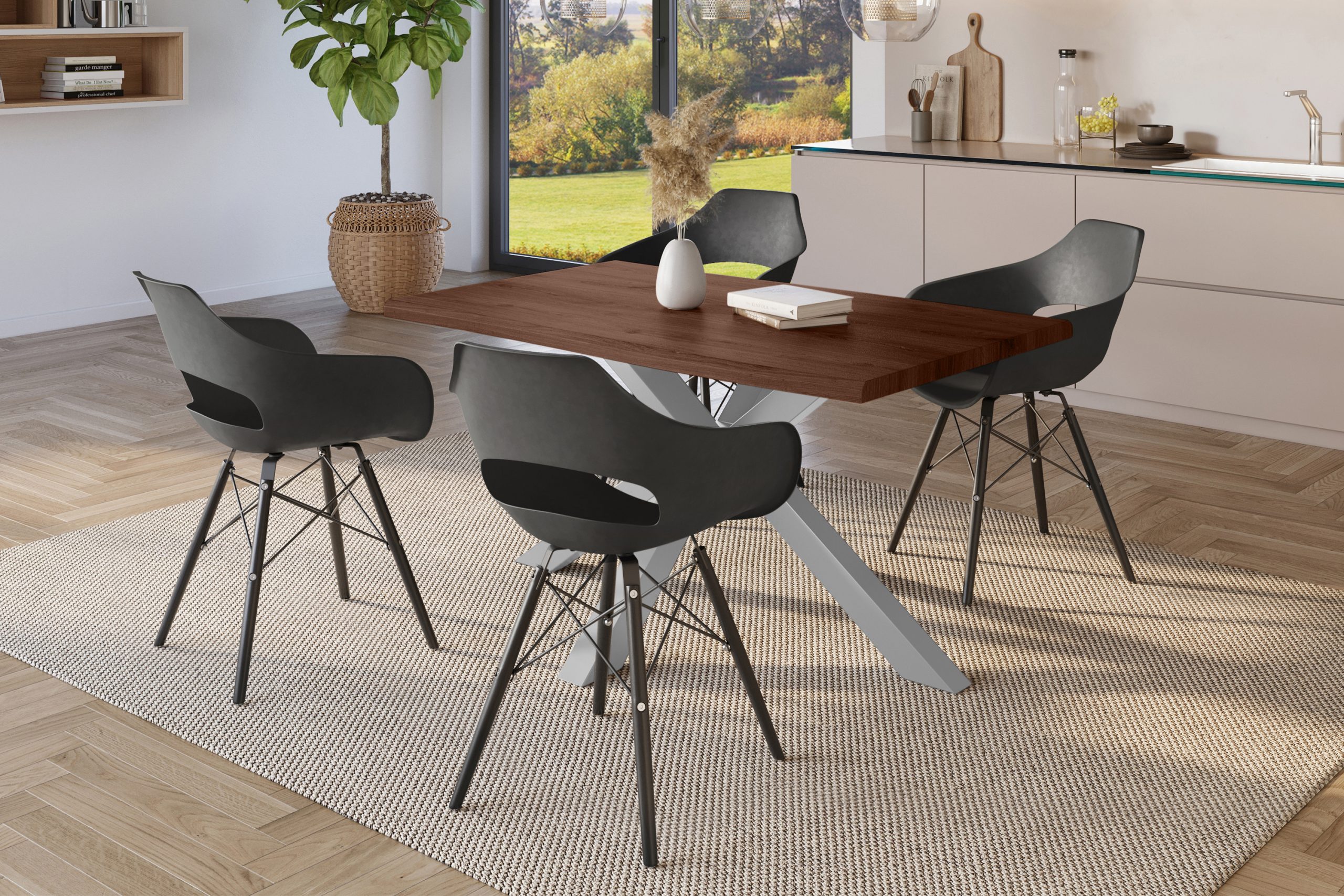 Esstisch 160x85 cm Baumkante Holz Nussbaum-Optik Spider-Gestell Metall silber JULIUS – Bild 5