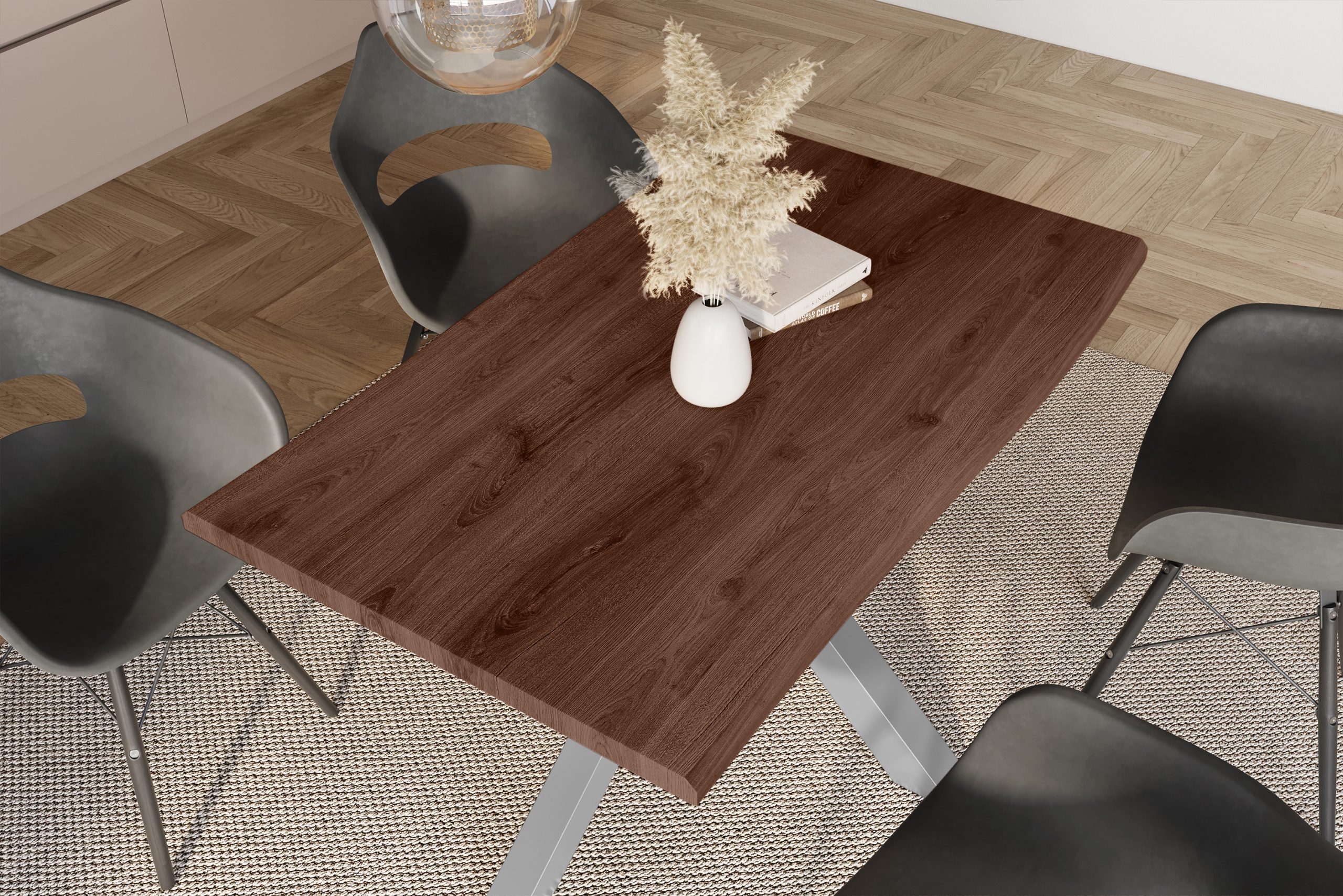 Esstisch 160x85 cm Baumkante Holz Nussbaum-Optik Spider-Gestell Metall silber JULIUS – Bild 6