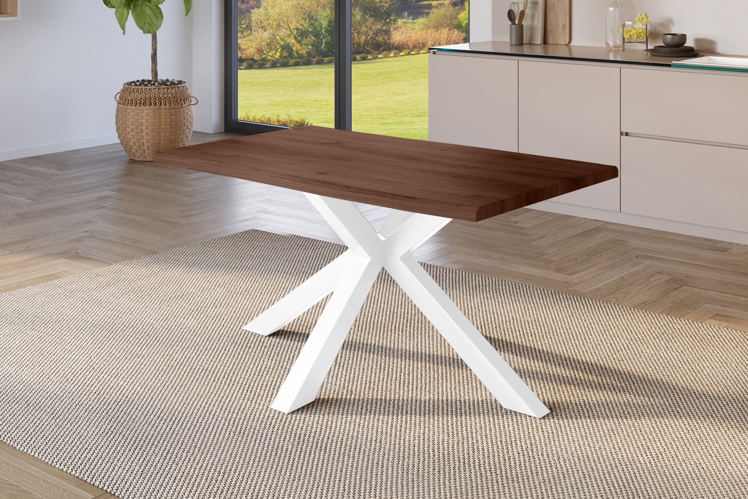 Esstisch 140x80 cm Baumkante Holz Nussbaum-Optik Spider-Gestell Metall weiß JULIUS