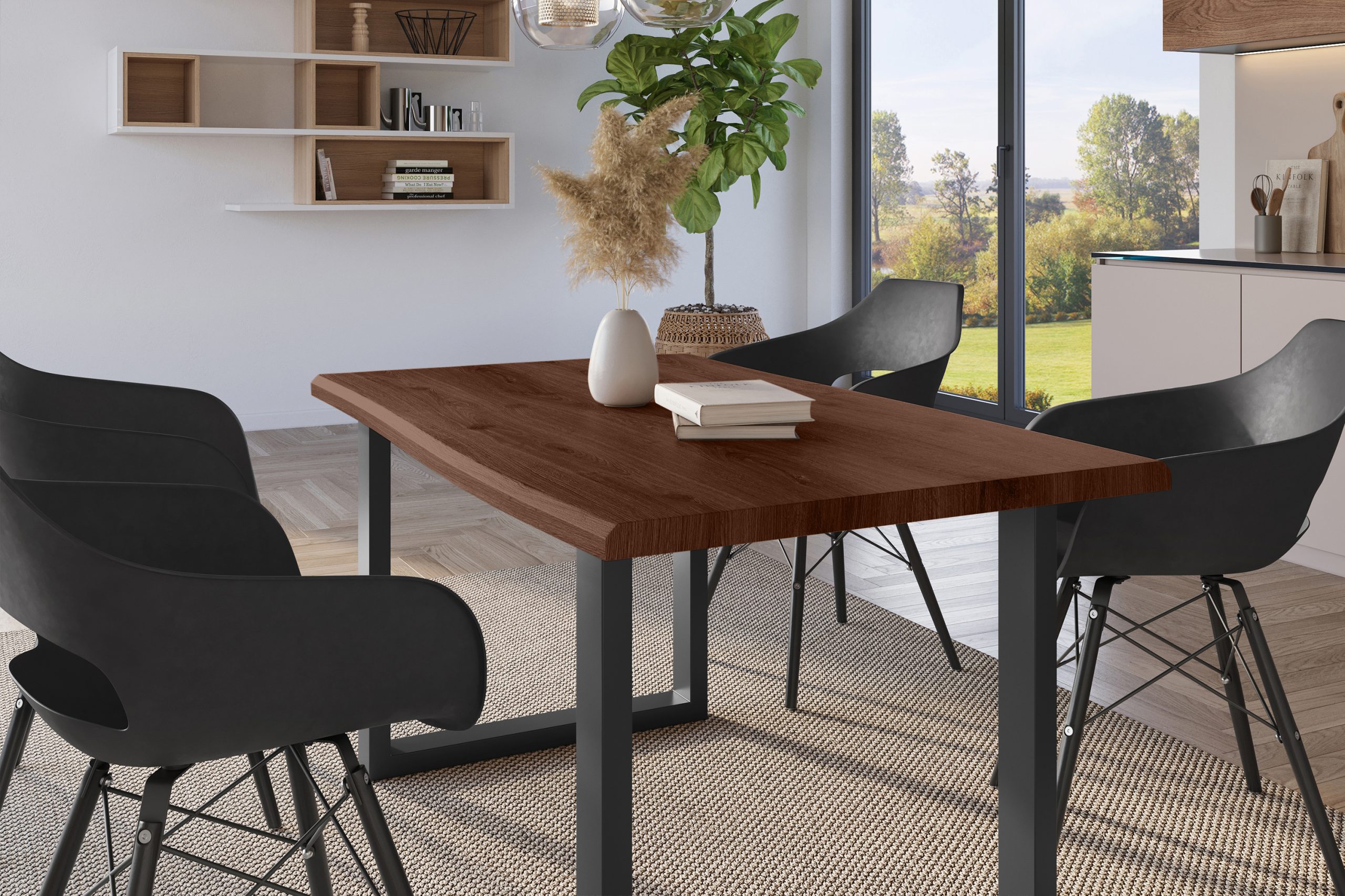 Esstisch 120x80 cm Baumkante Holz Nussbaum-Optik U-Gestell Metall schwarz JULIUS – Bild 5