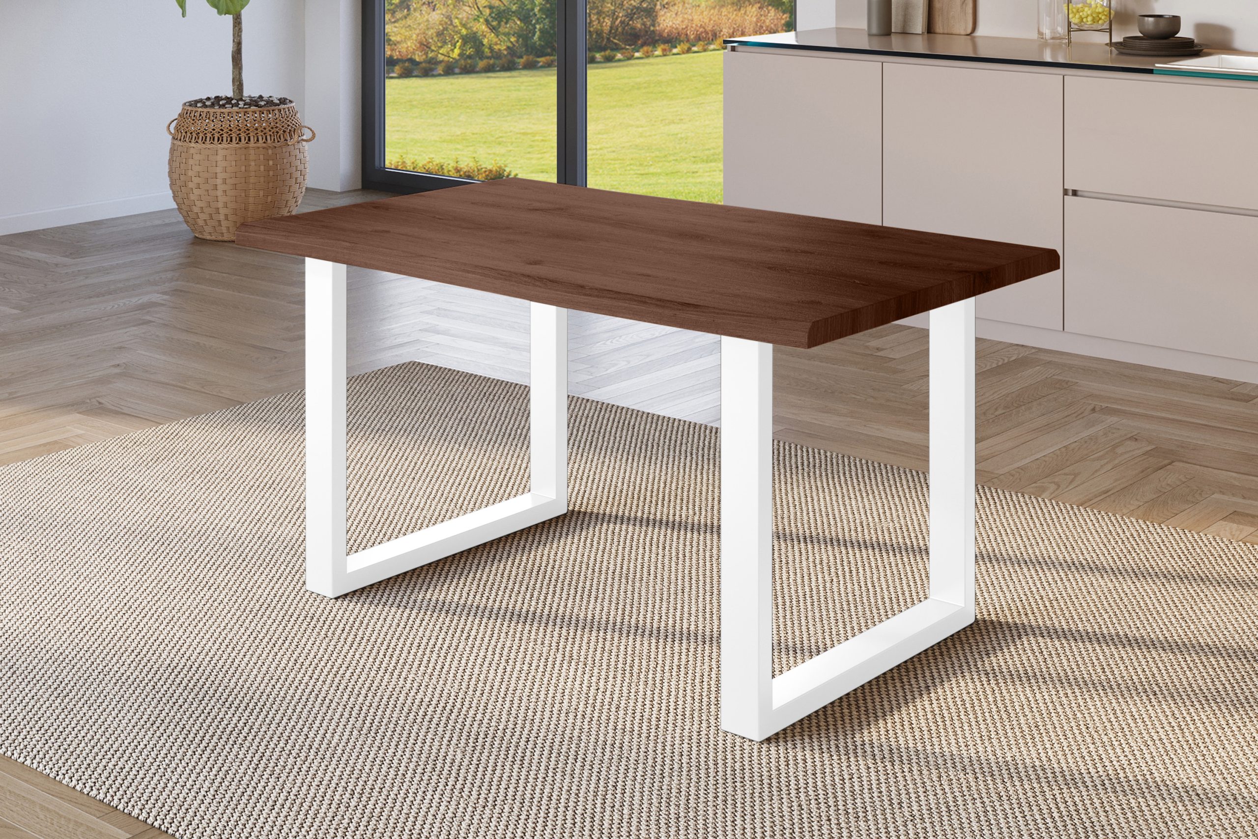 Esstisch 120x80 cm Baumkante Holz Nussbaum-Optik U-Gestell Metall weiß JULIUS