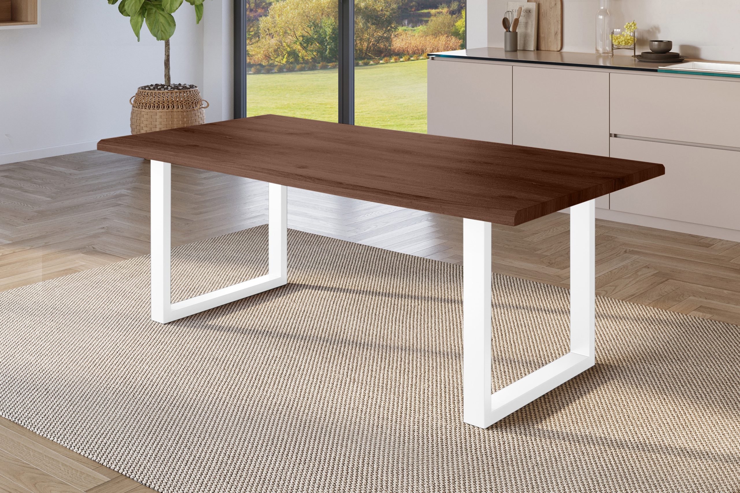 Esstisch 180x90 cm Baumkante Holz Nussbaum-Optik U-Gestell Metall weiß JULIUS