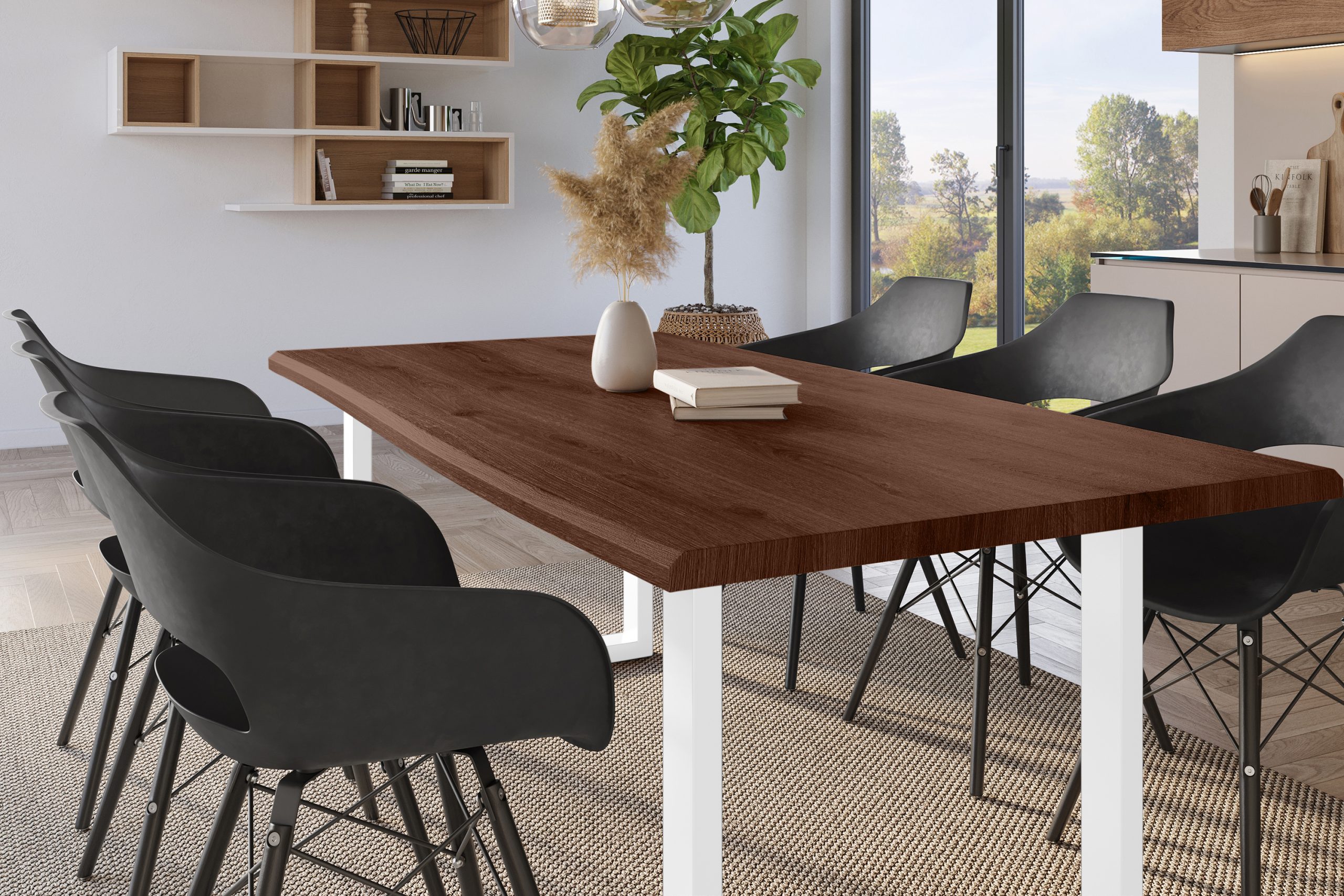 Esstisch 220x100 cm Baumkante Holz Nussbaum-Optik U-Gestell Metall weiß JULIUS – Bild 5