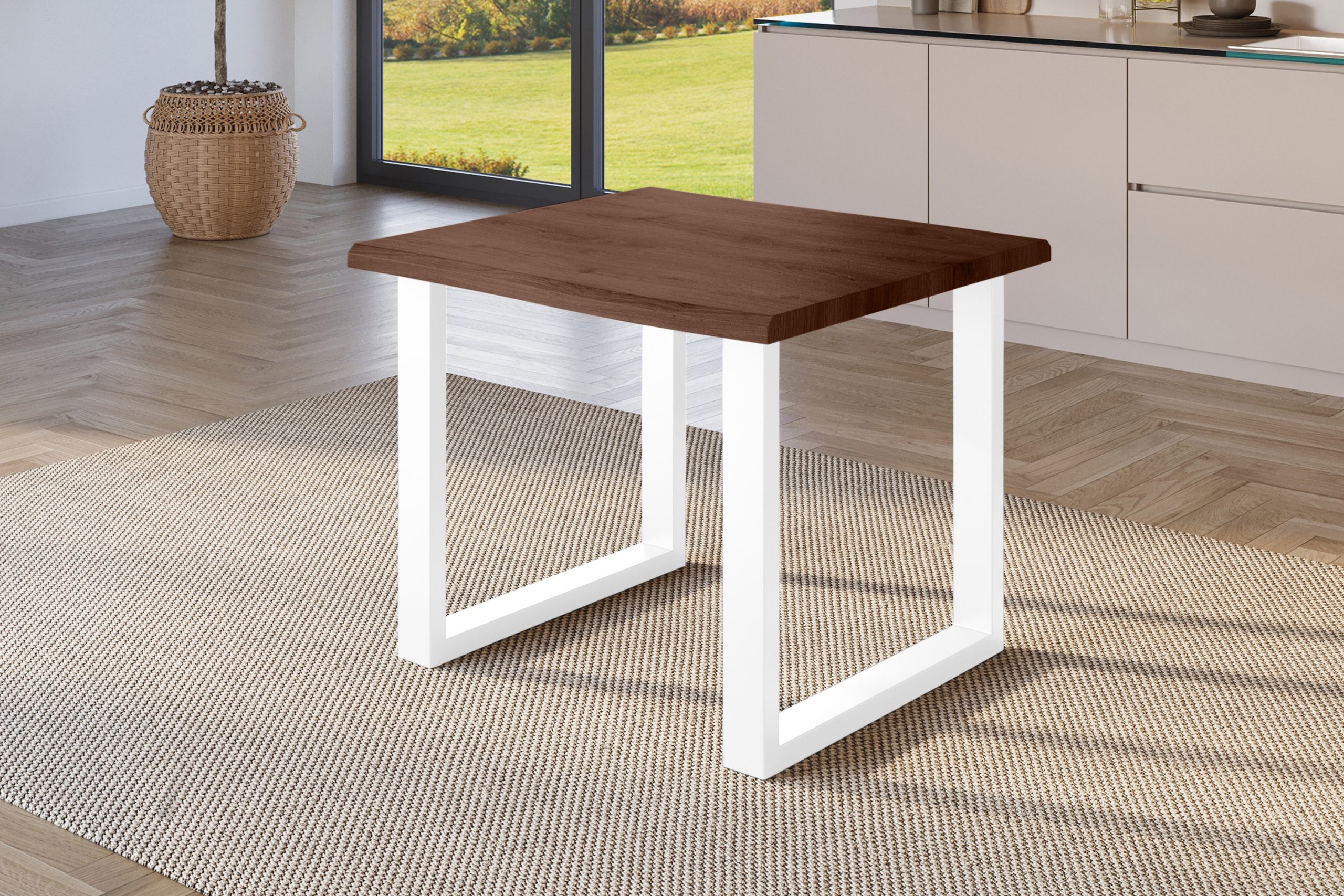 Esstisch 80x80 cm Baumkante Holz Nussbaum-Optik U-Gestell Metall weiß JULIUS