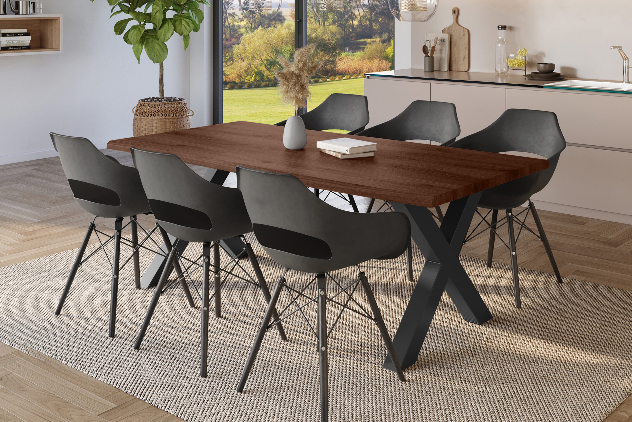 Esstisch 220x100 cm Baumkante Holz Nussbaum-Optik X-Gestell Metall schwarz JULIUS – Bild 4