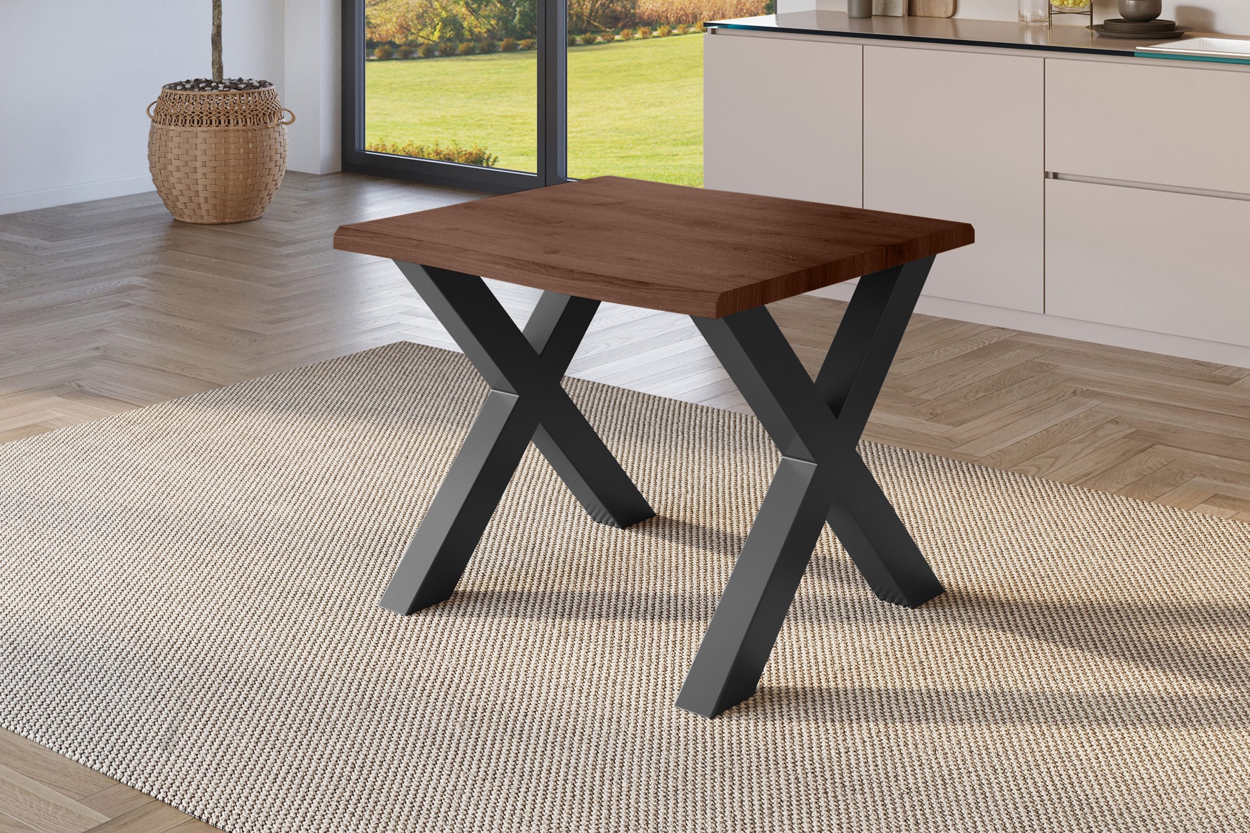 Esstisch 80x80 cm Baumkante Holz Nussbaum-Optik X-Gestell Metall schwarz JULIUS