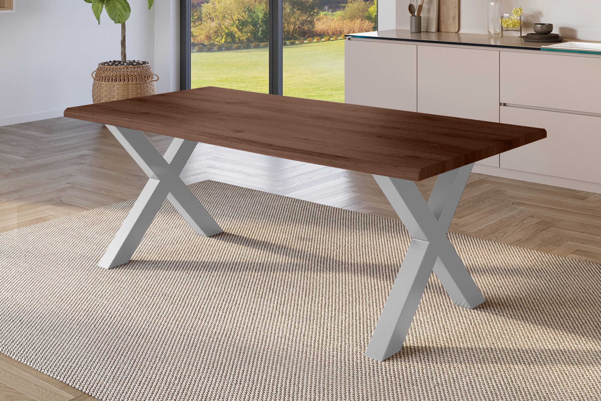 Esstisch 220x100 cm Baumkante Holz Nussbaum-Optik X-Gestell Metall silber JULIUS