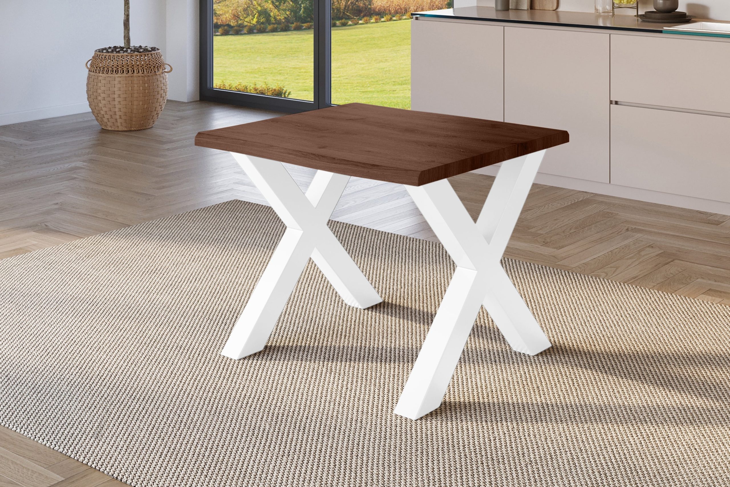 Esstisch 80x80 cm Baumkante Holz Nussbaum-Optik X-Gestell Metall weiß JULIUS