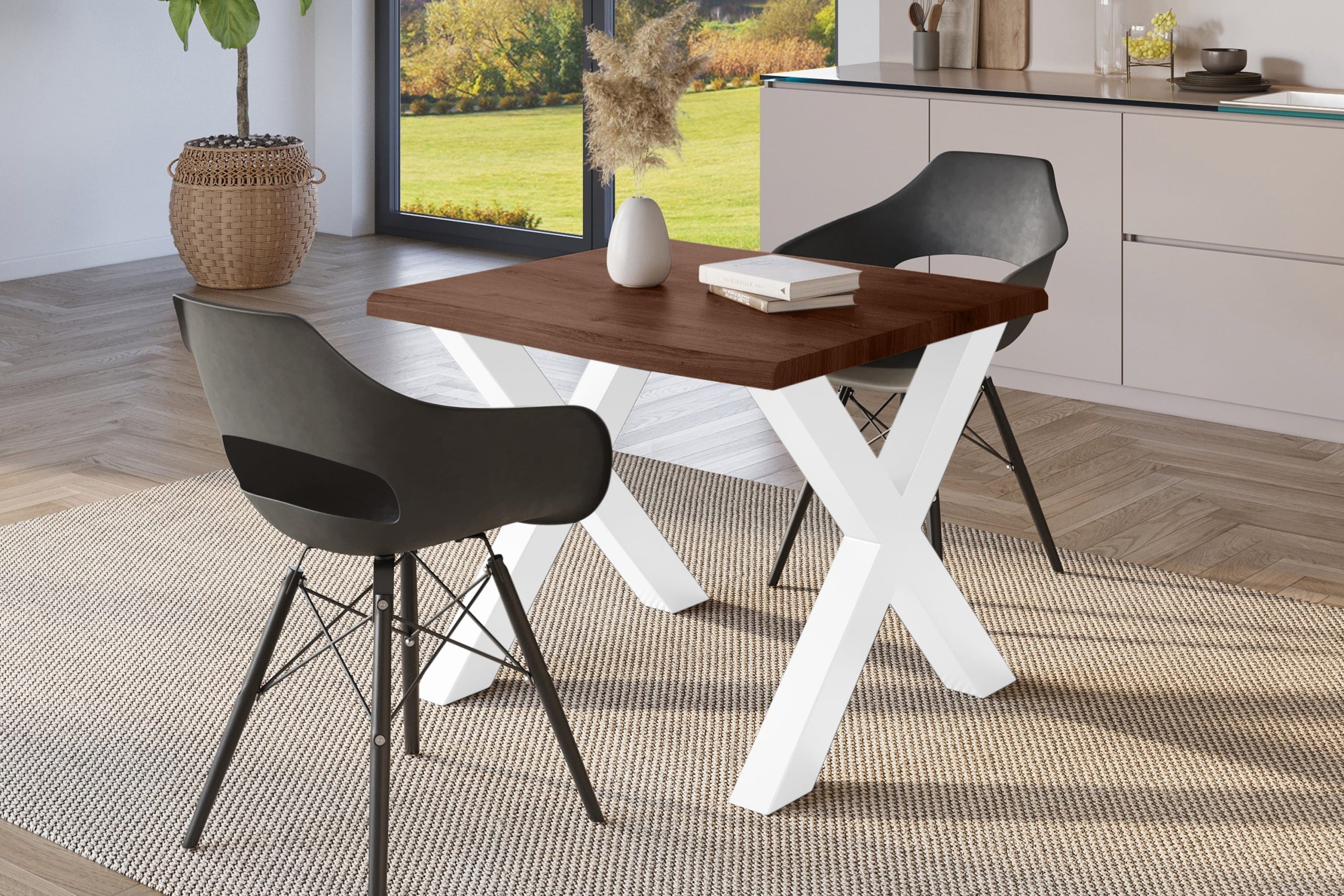 Esstisch 80x80 cm Baumkante Holz Nussbaum-Optik X-Gestell Metall weiß JULIUS – Bild 4