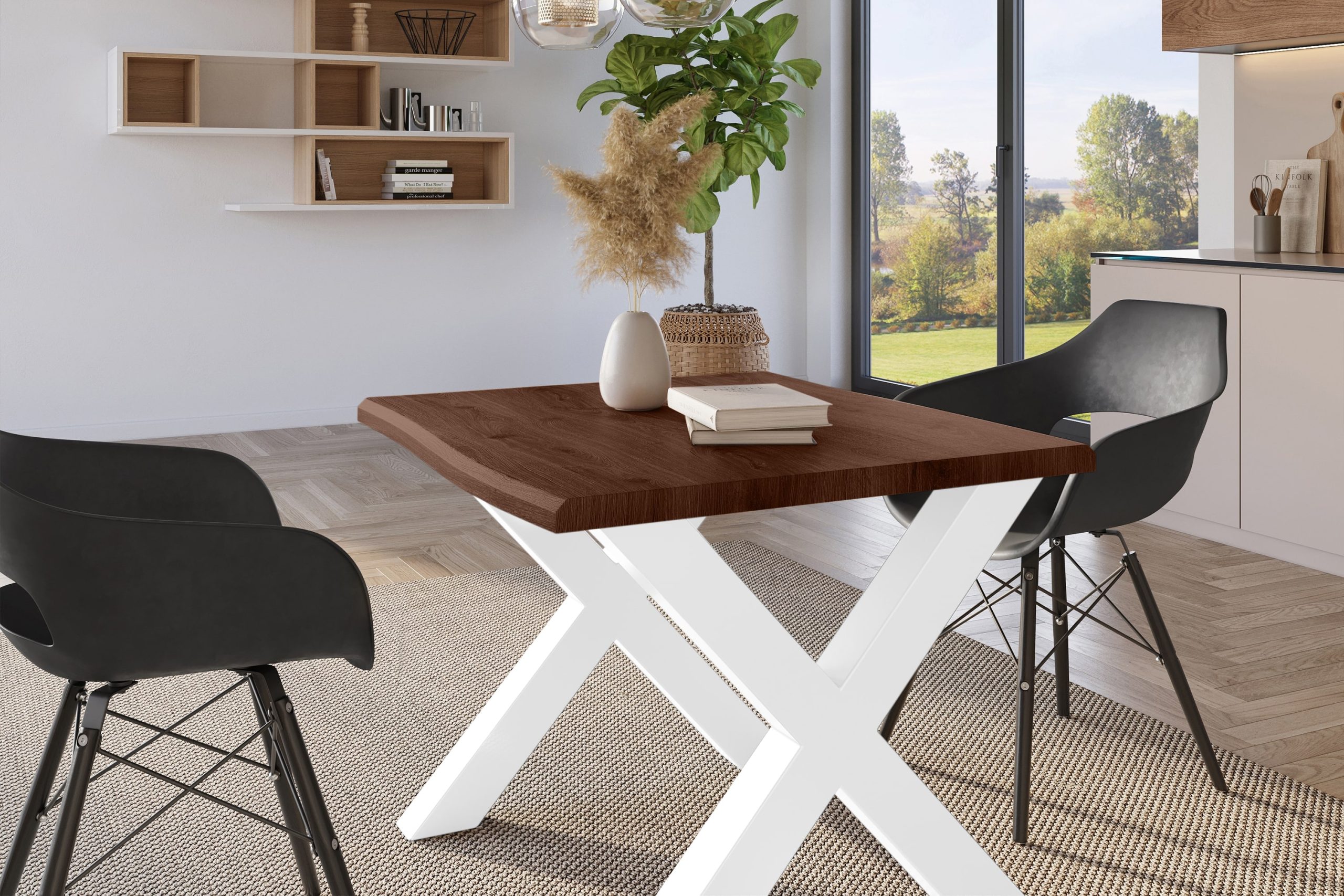 Esstisch 80x80 cm Baumkante Holz Nussbaum-Optik X-Gestell Metall weiß JULIUS – Bild 5