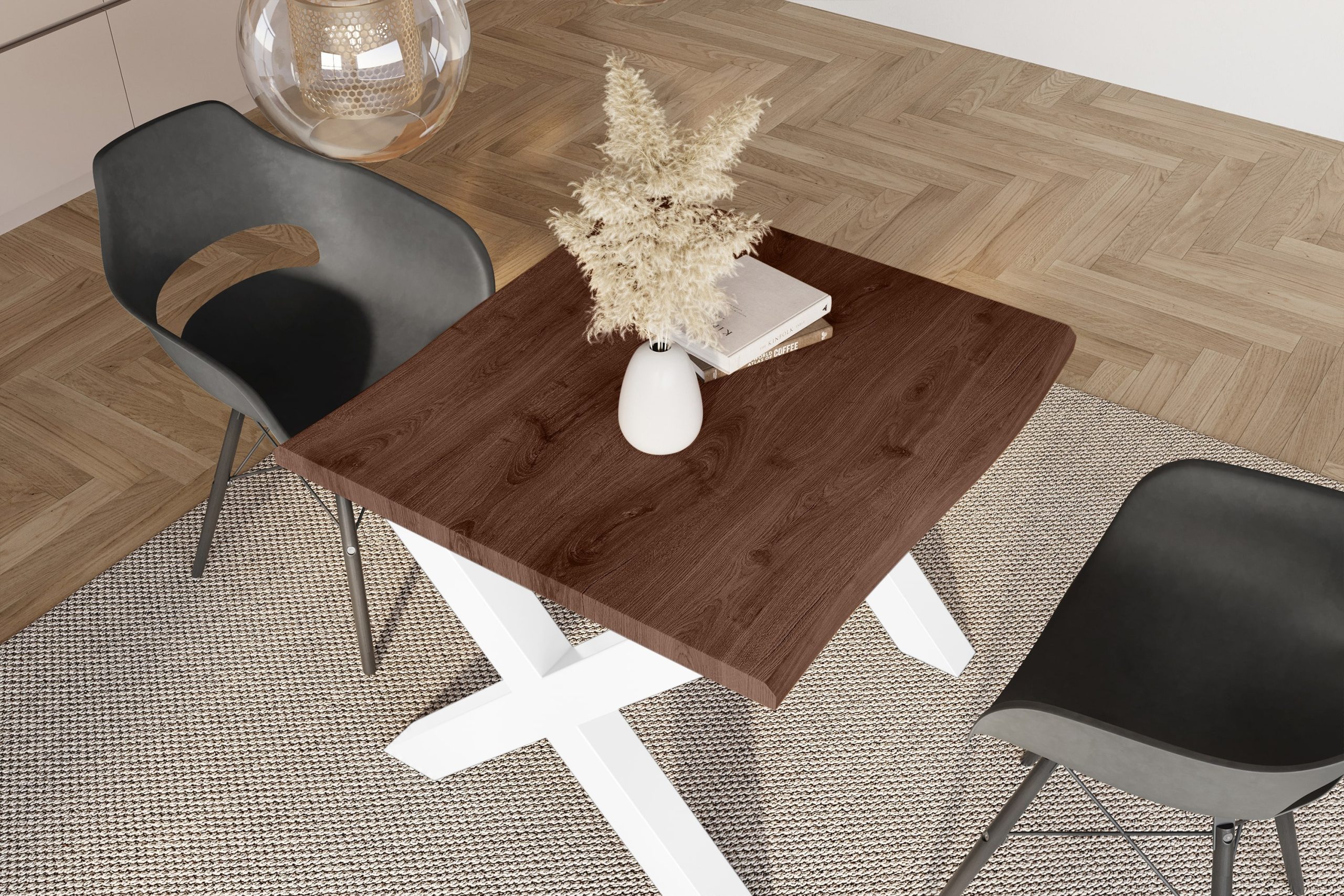 Esstisch 80x80 cm Baumkante Holz Nussbaum-Optik X-Gestell Metall weiß JULIUS – Bild 6