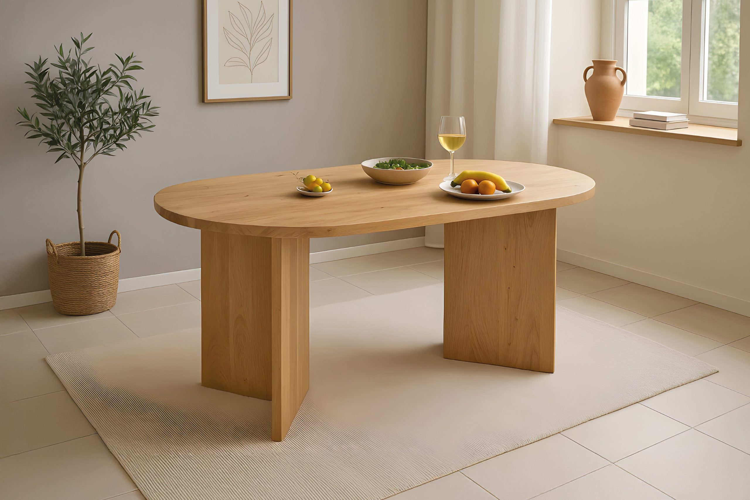 Esstisch oval mit gerader Kante 160x90 cm Akazienholz massiv Natur V-Gestell aus Holz LAURIE