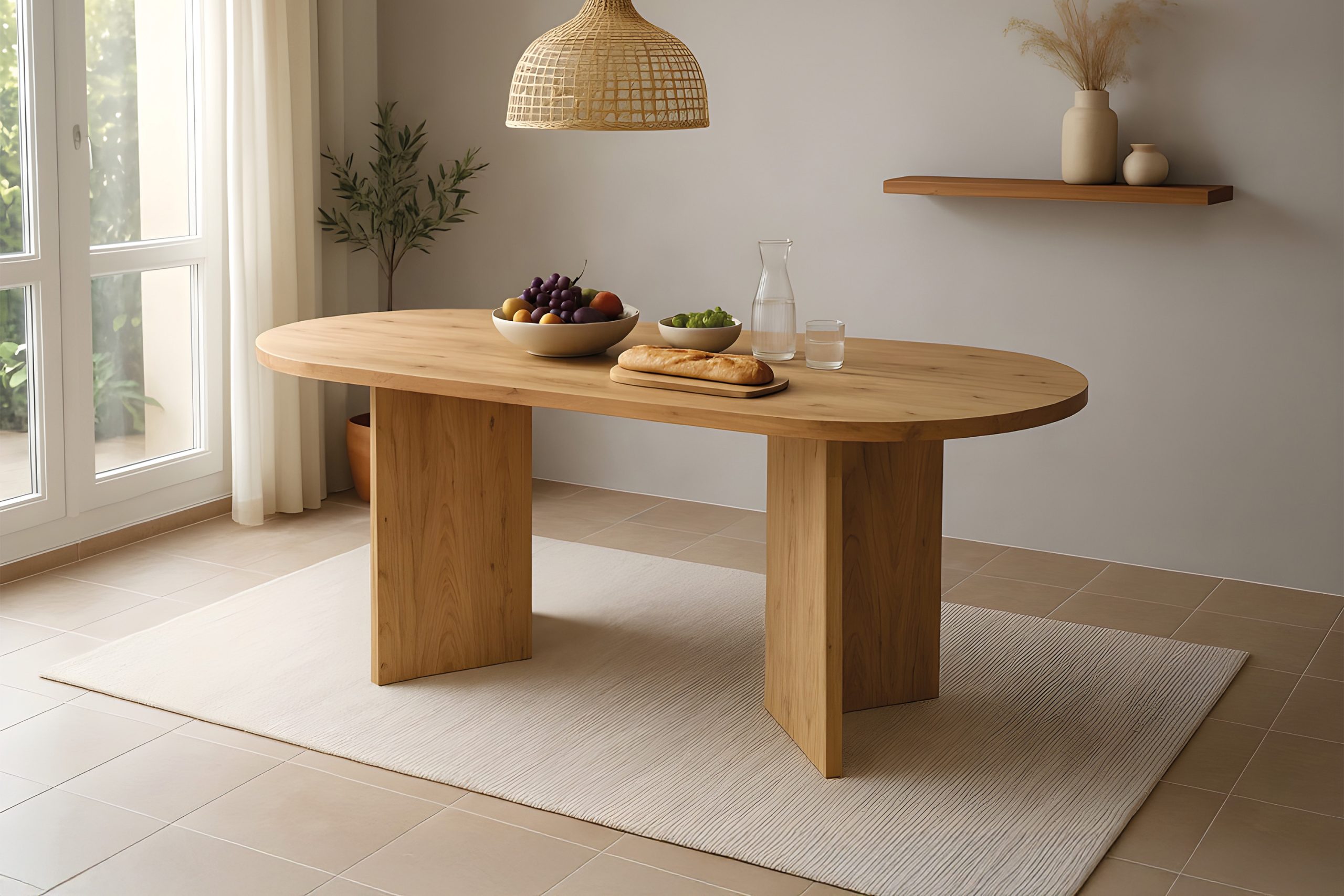 Esstisch oval mit gerader Kante 204x90 cm Akazienholz massiv Natur V-Gestell aus Holz LAURIE