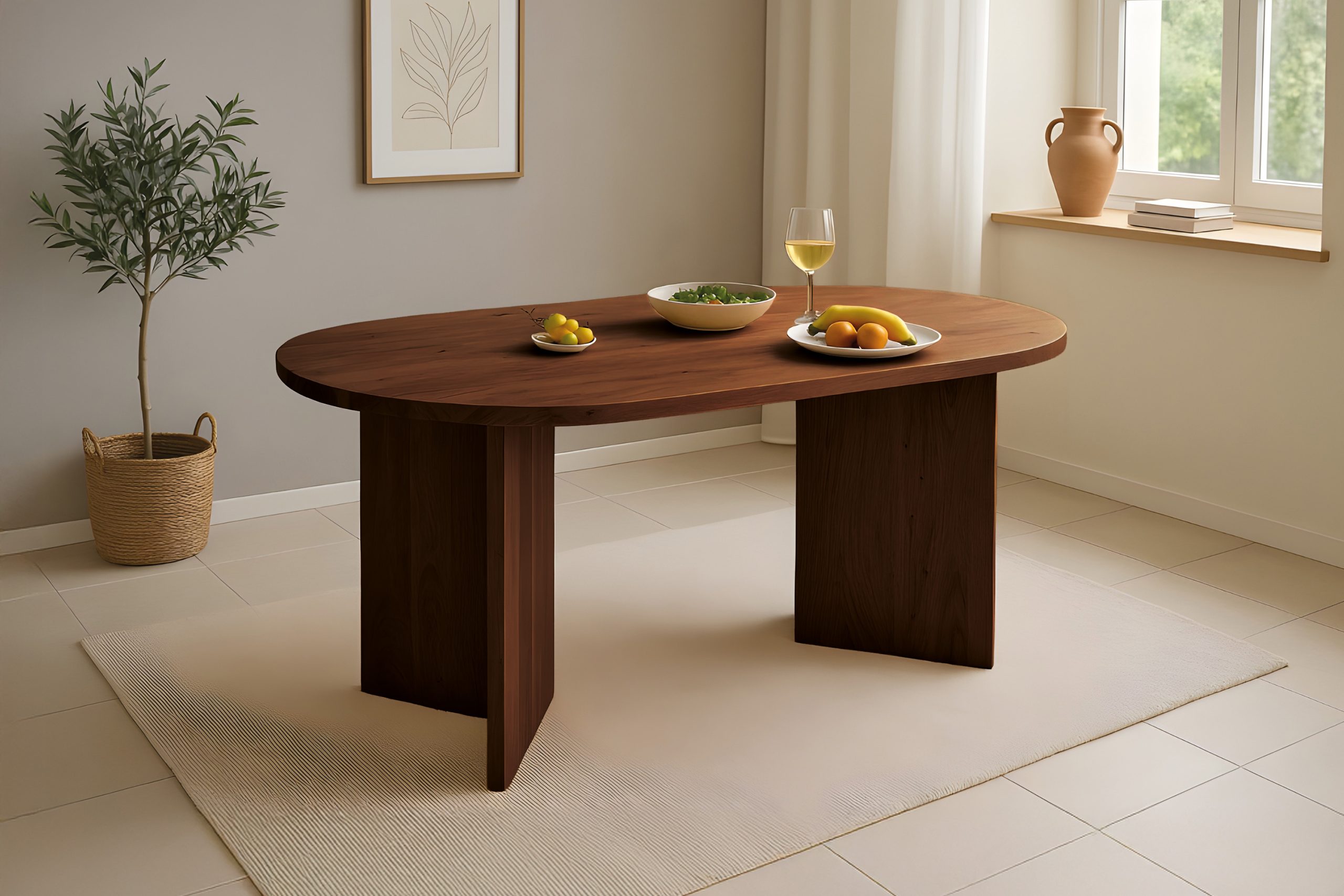 Esstisch oval mit gerader Kante 160x90 cm Akazienholz massiv Nussbaum V-Gestell aus Holz LAURIE