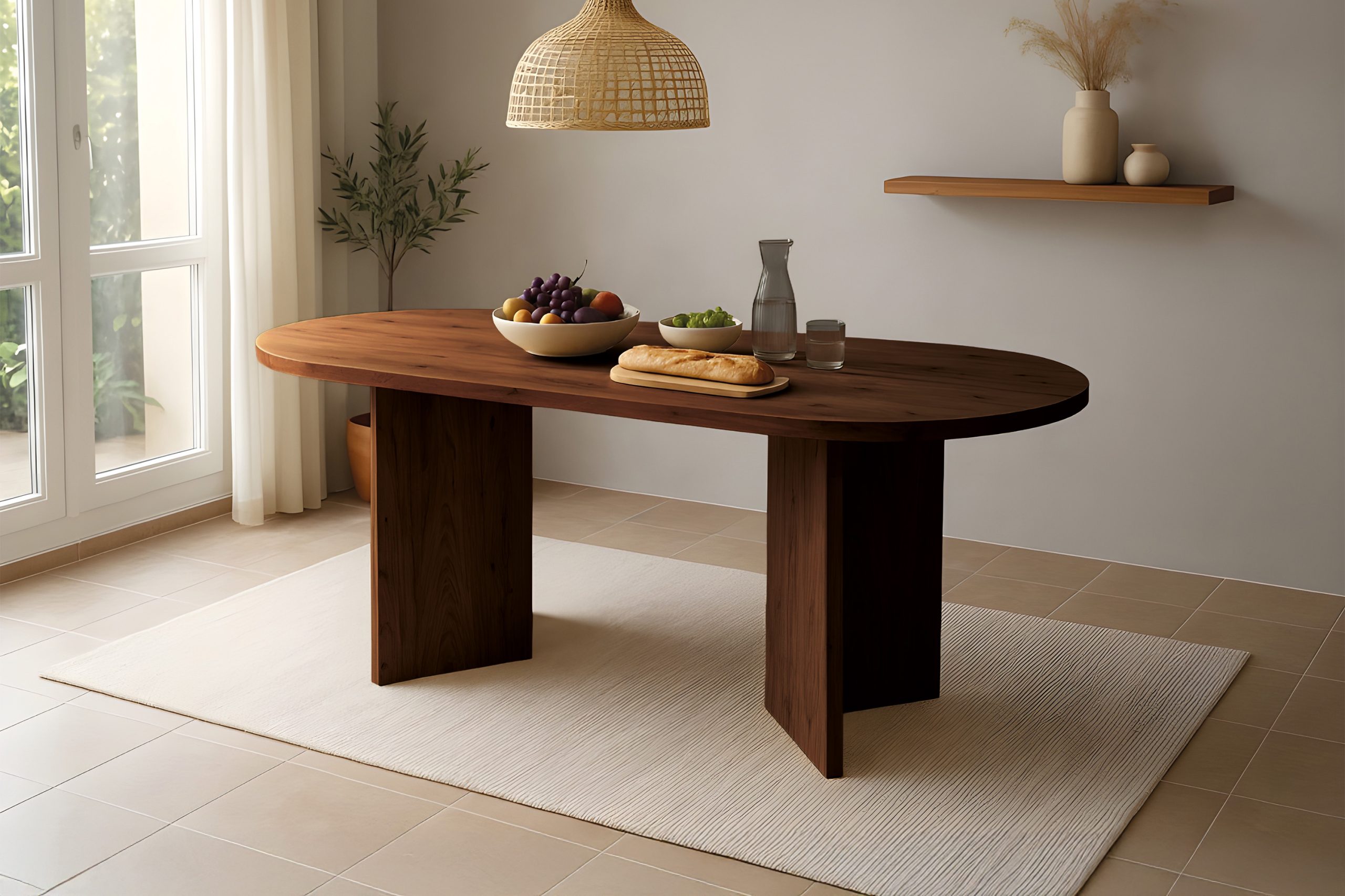 Esstisch oval mit gerader Kante 204x90 cm Akazienholz massiv Nussbaum V-Gestell aus Holz LAURIE