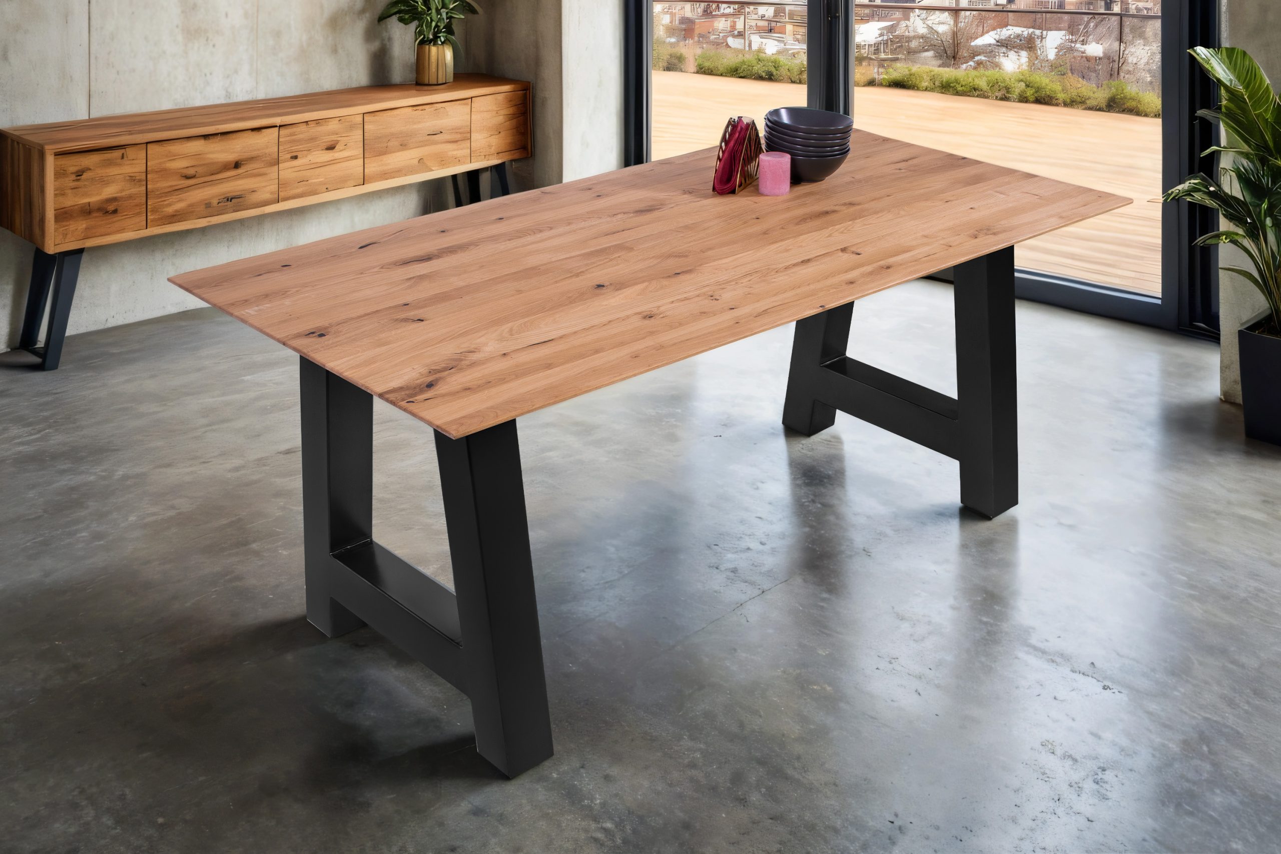 Esszimmertisch Schweizer Kante / gerade Ecken massiv & geölt Eiche 160x85 schwarz A-Gestell Lotte