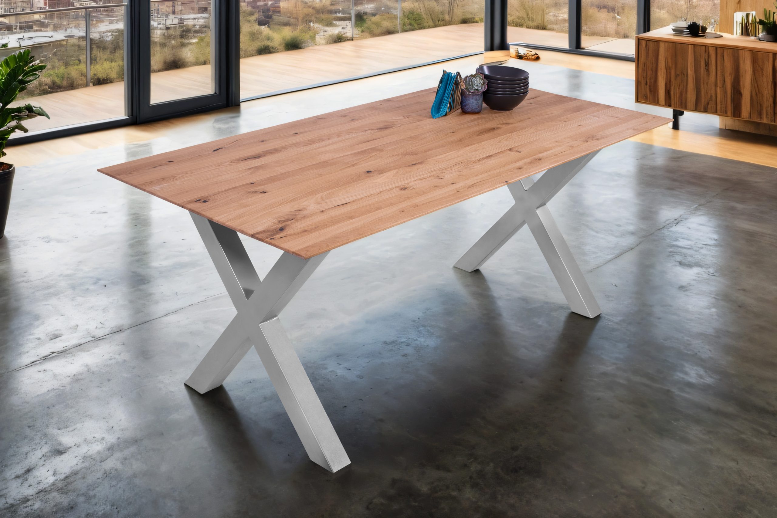 Esszimmertisch Schweizer Kante / gerade Ecken massiv & geölt Eiche 160x85 silber X-Gestell Lotte