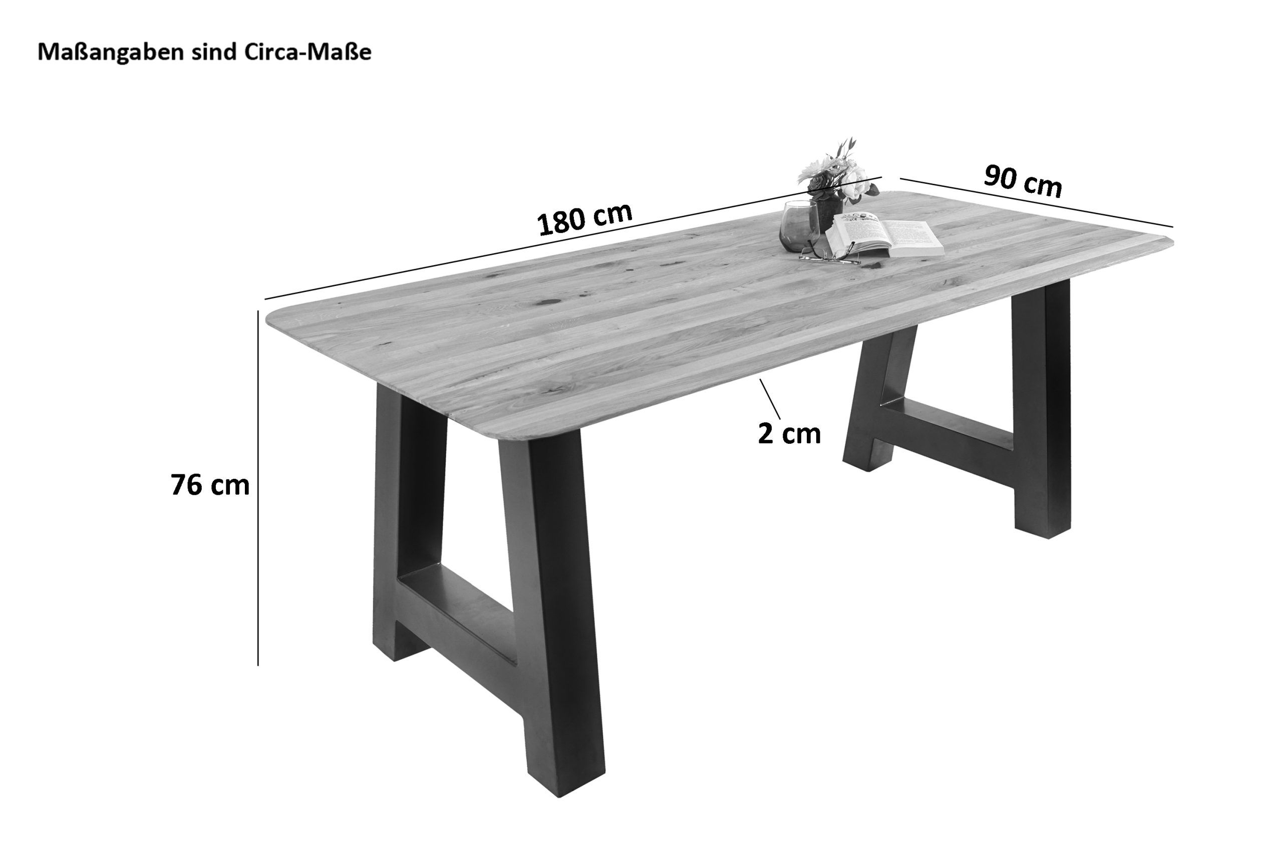 Esszimmertisch Schweizer Kante / runde Ecken massiv & geölt Eiche 180x90 schwarz A-Gestell Lotte – Bild 3
