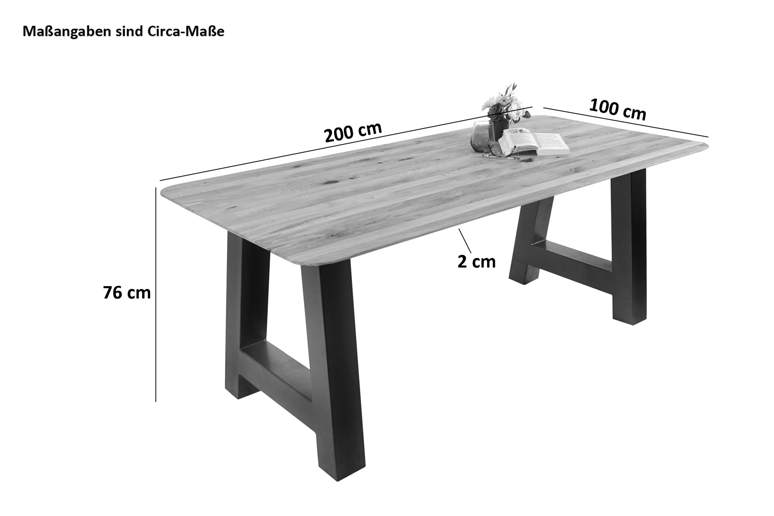 Esszimmertisch Schweizer Kante / runde Ecken massiv & geölt Eiche 200x100 schwarz A-Gestell Lotte – Bild 3