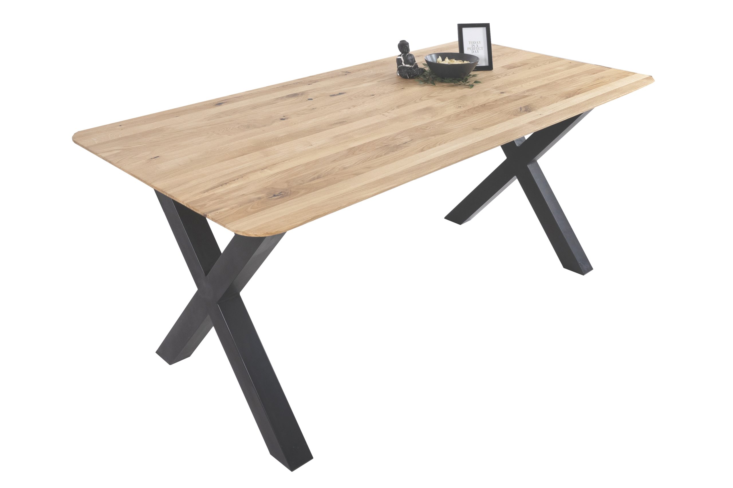 Esszimmertisch Schweizer Kante / runde Ecken massiv & geölt Eiche 200x100 schwarz X-Gestell Lotte – Bild 2