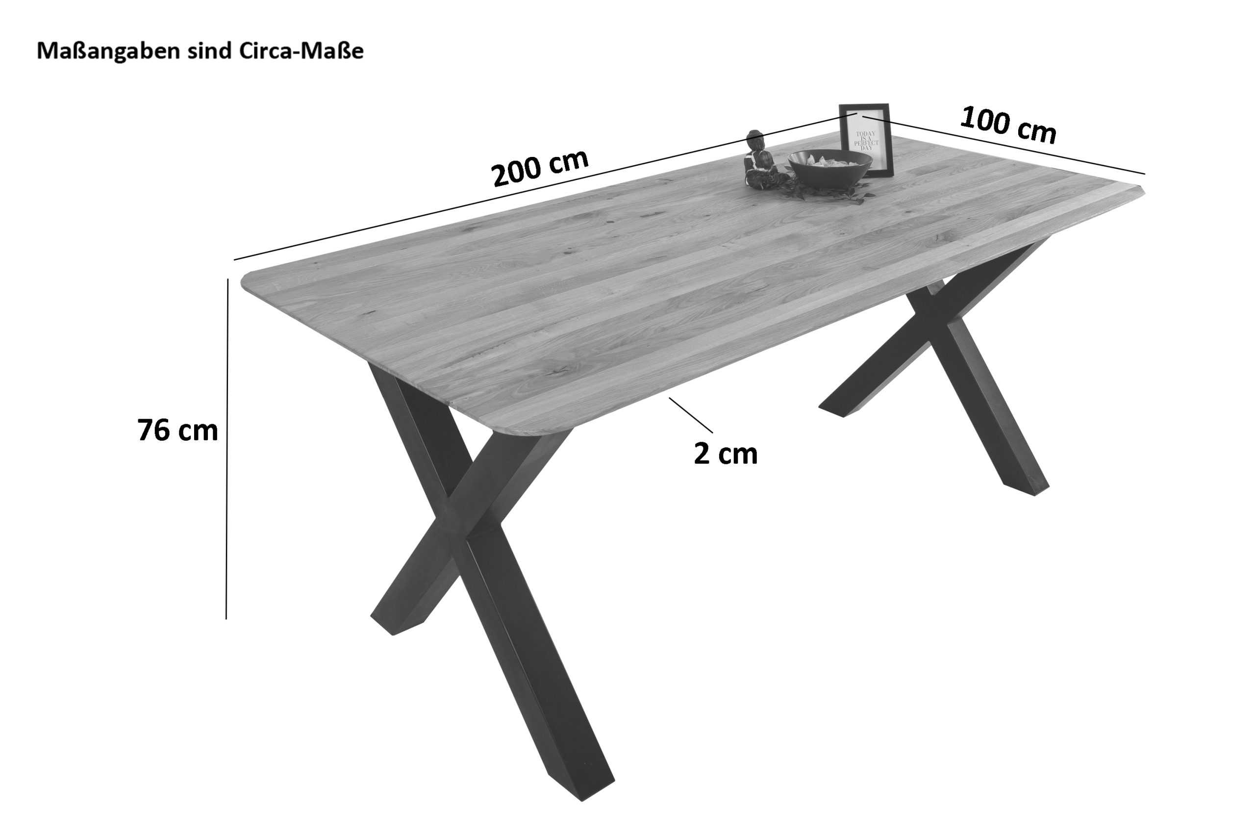 Esszimmertisch Schweizer Kante / runde Ecken massiv & geölt Eiche 200x100 schwarz X-Gestell Lotte – Bild 3