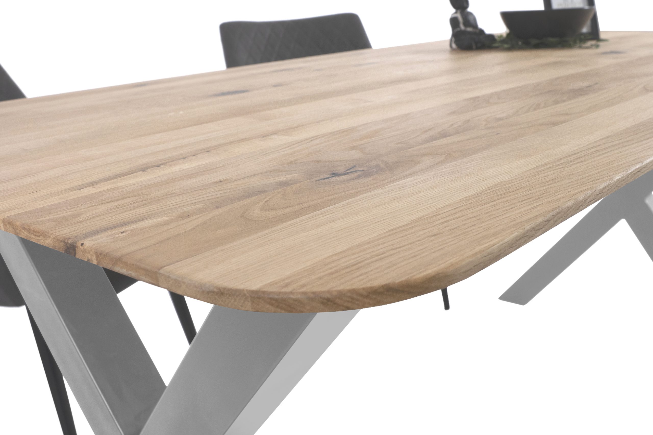 Esszimmertisch Schweizer Kante / runde Ecken massiv & geölt Eiche 160x85 silber X-Gestell Lotte – Bild 4