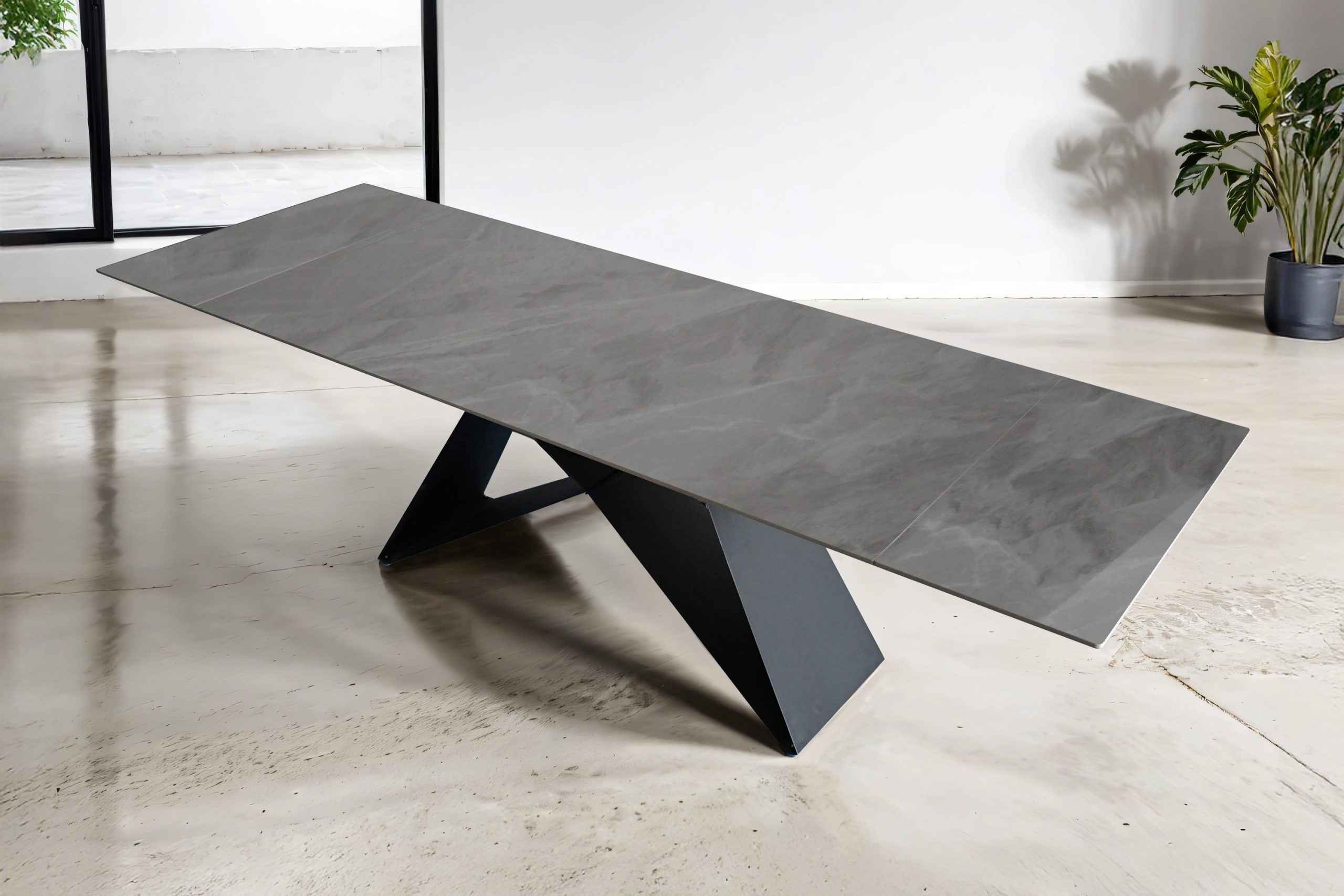 Esstisch 180 (260) x 90 cm hellgrau glänzend Keramiktisch ausziehbar Butterfly Gestell schwarz MIA