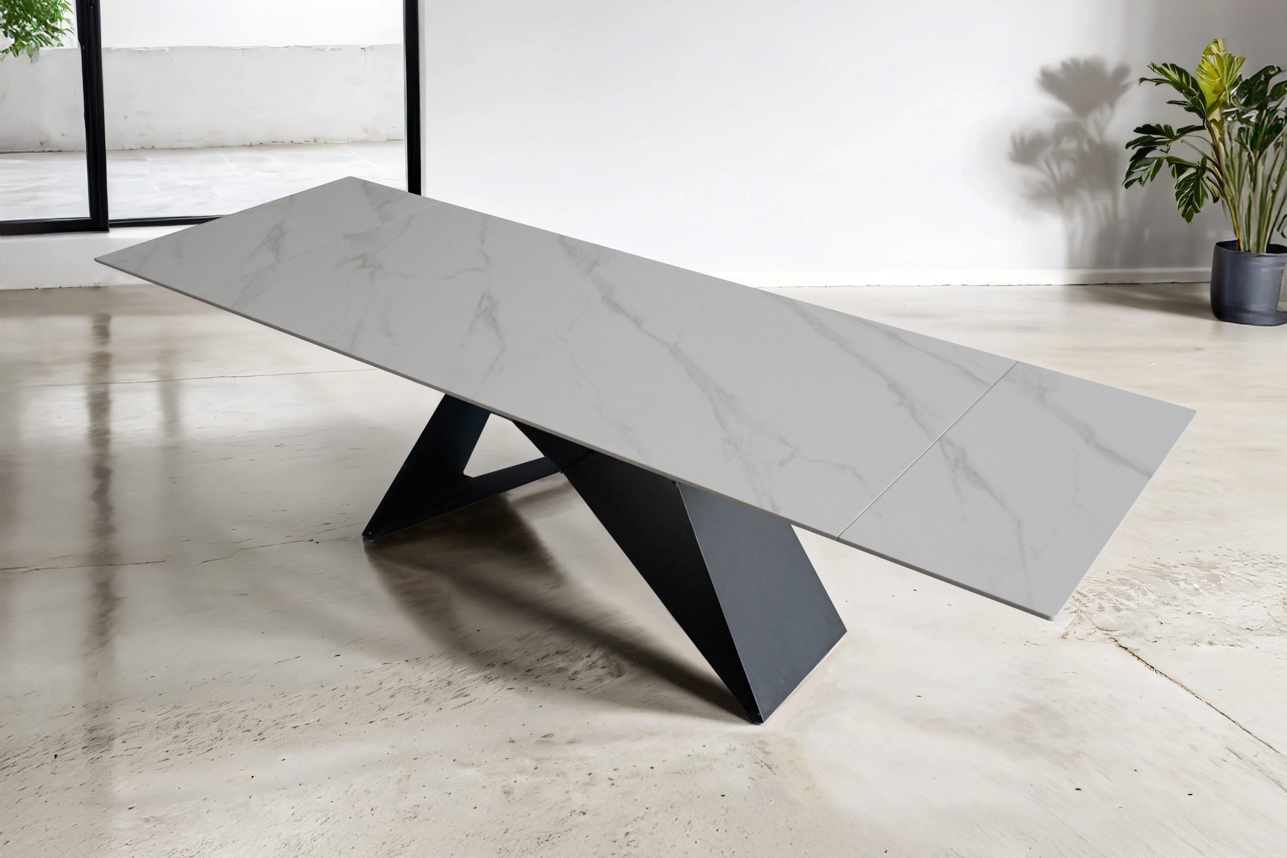 Esstisch 180 (260) x 90 cm weiß matt Keramiktisch ausziehbar Butterfly Gestell schwarz MIA