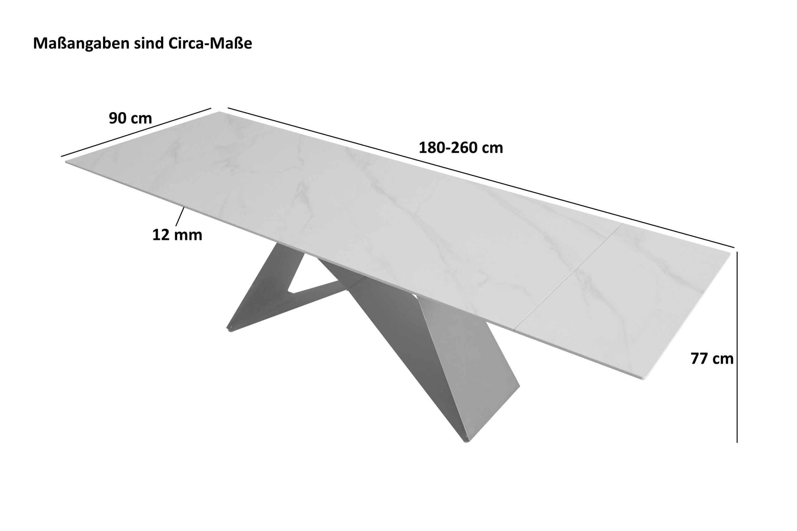 Esstisch 180 (260) x 90 cm weiß matt Keramiktisch ausziehbar Butterfly Gestell schwarz MIA – Bild 3