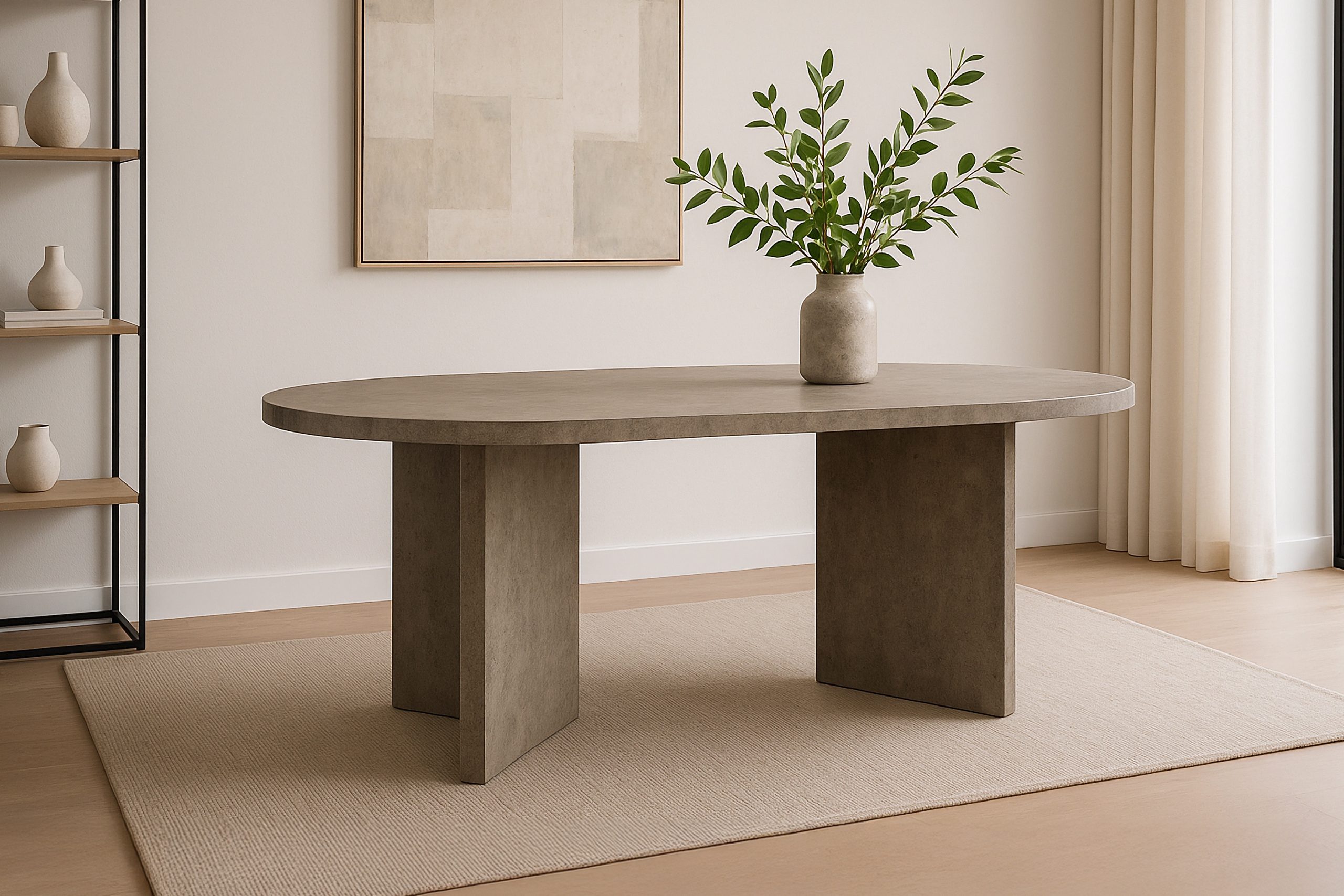 Esstisch oval mit geraden Kanten 160x90 cm Holz Graue-Optik Tischbeine V-Form OVI