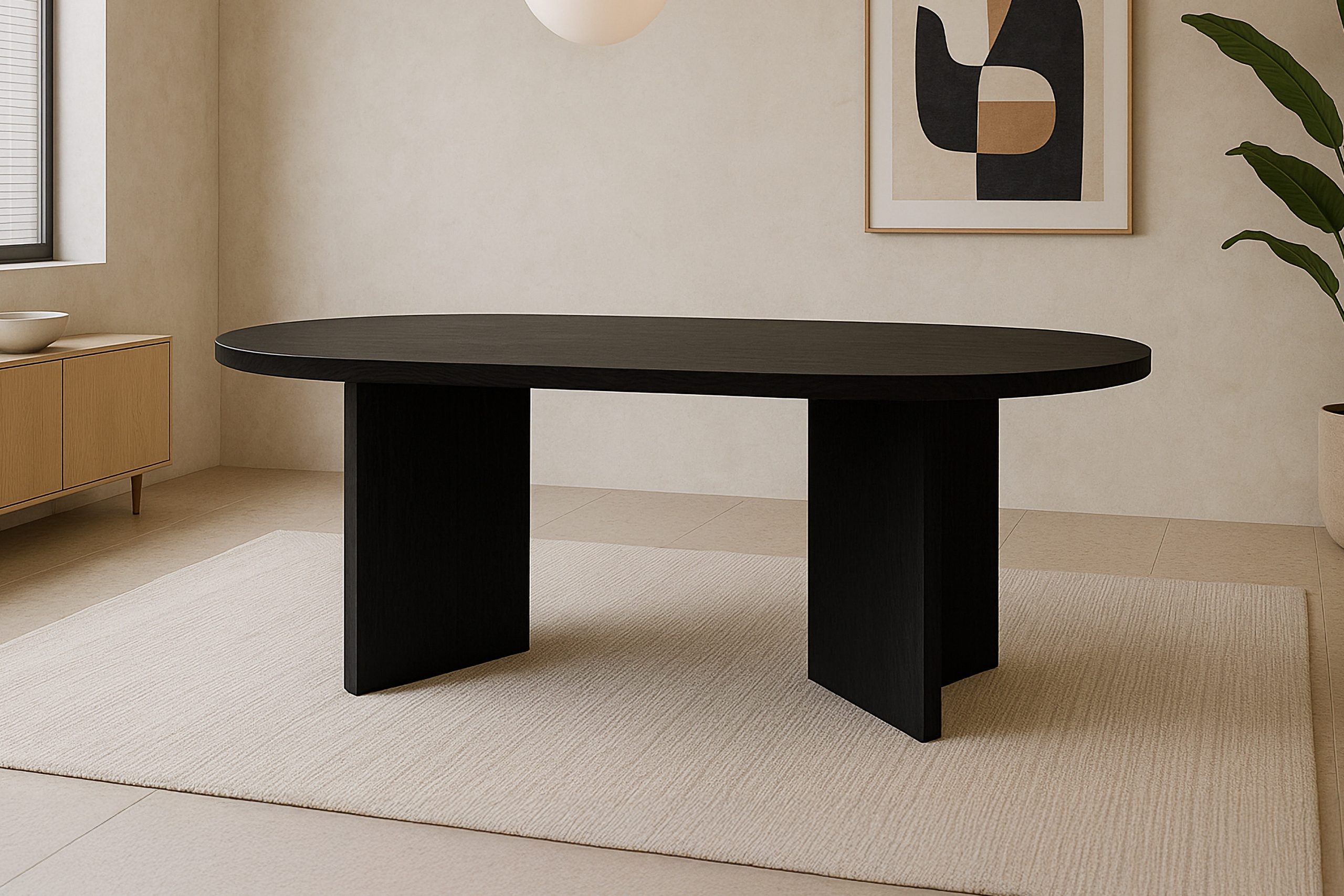 Esstisch oval mit geraden Kanten 160x90 cm Holz Schwarze-Optik Tischbeine V-Form OVI