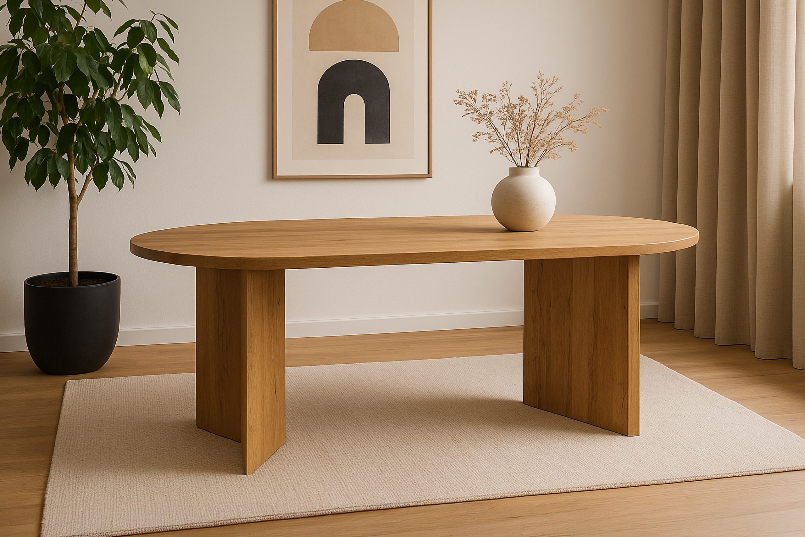 Esstisch oval mit geraden Kanten 204x90 cm Holz Wildeiche-Optik Tischbeine V-Form OVI