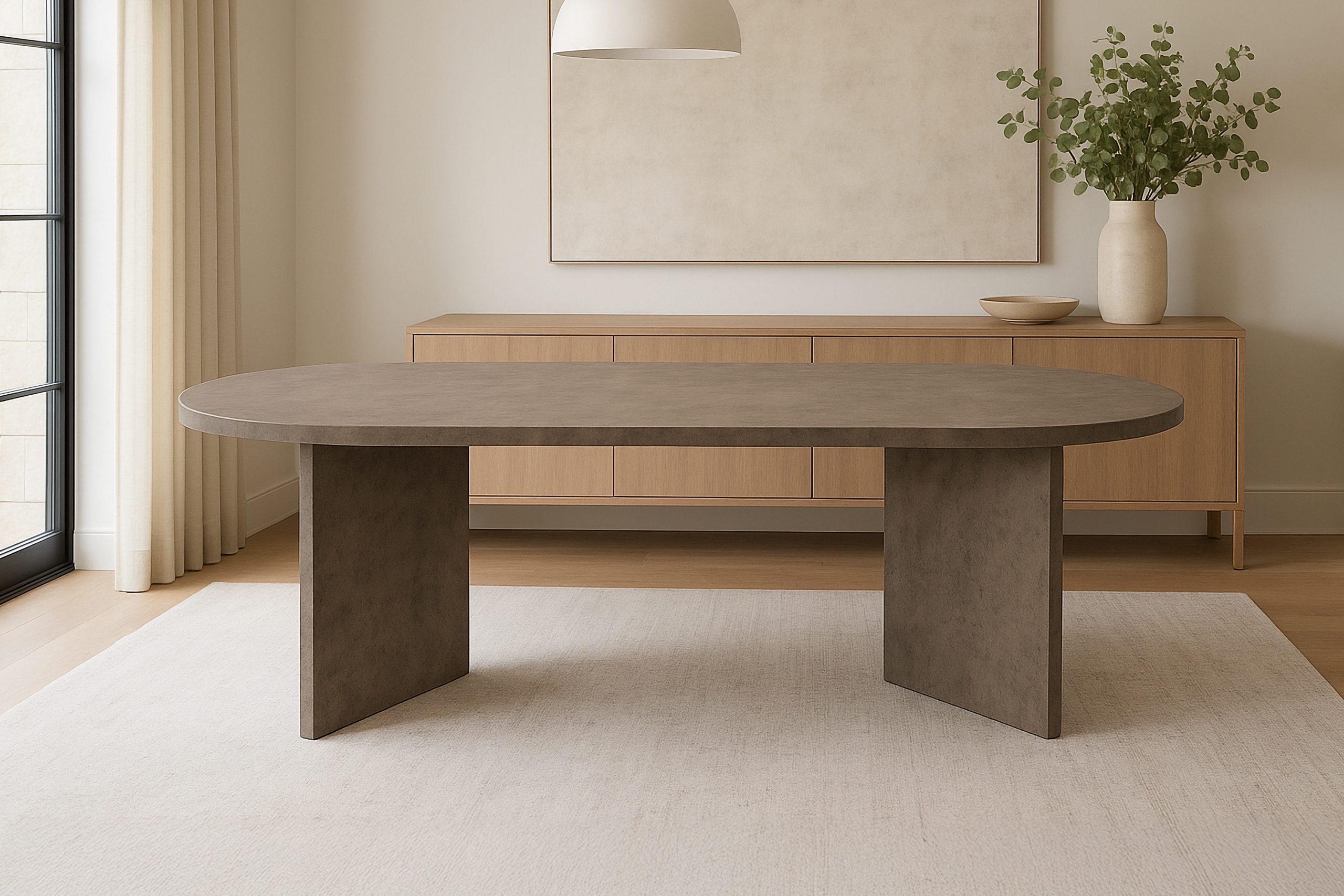 Esstisch oval mit geraden Kanten 204x90 cm Holz Graue-Optik Tischbeine V-Form OVI