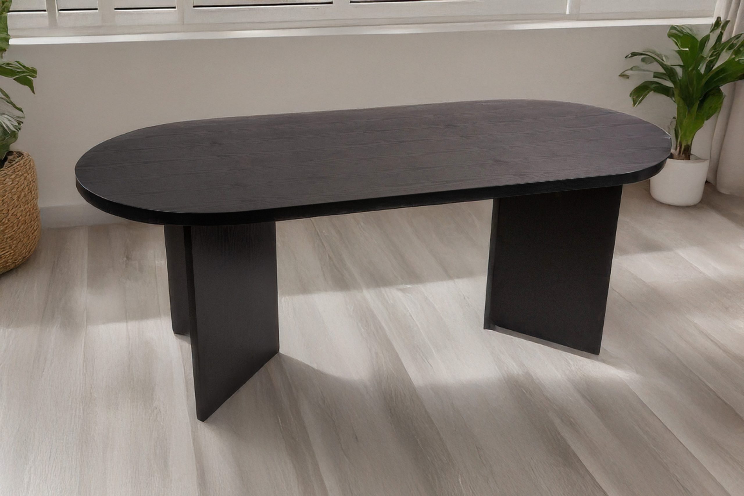 Esstisch oval mit geraden Kanten 204x90 cm Holz Schwarze-Optik Tischbeine V-Form OVI