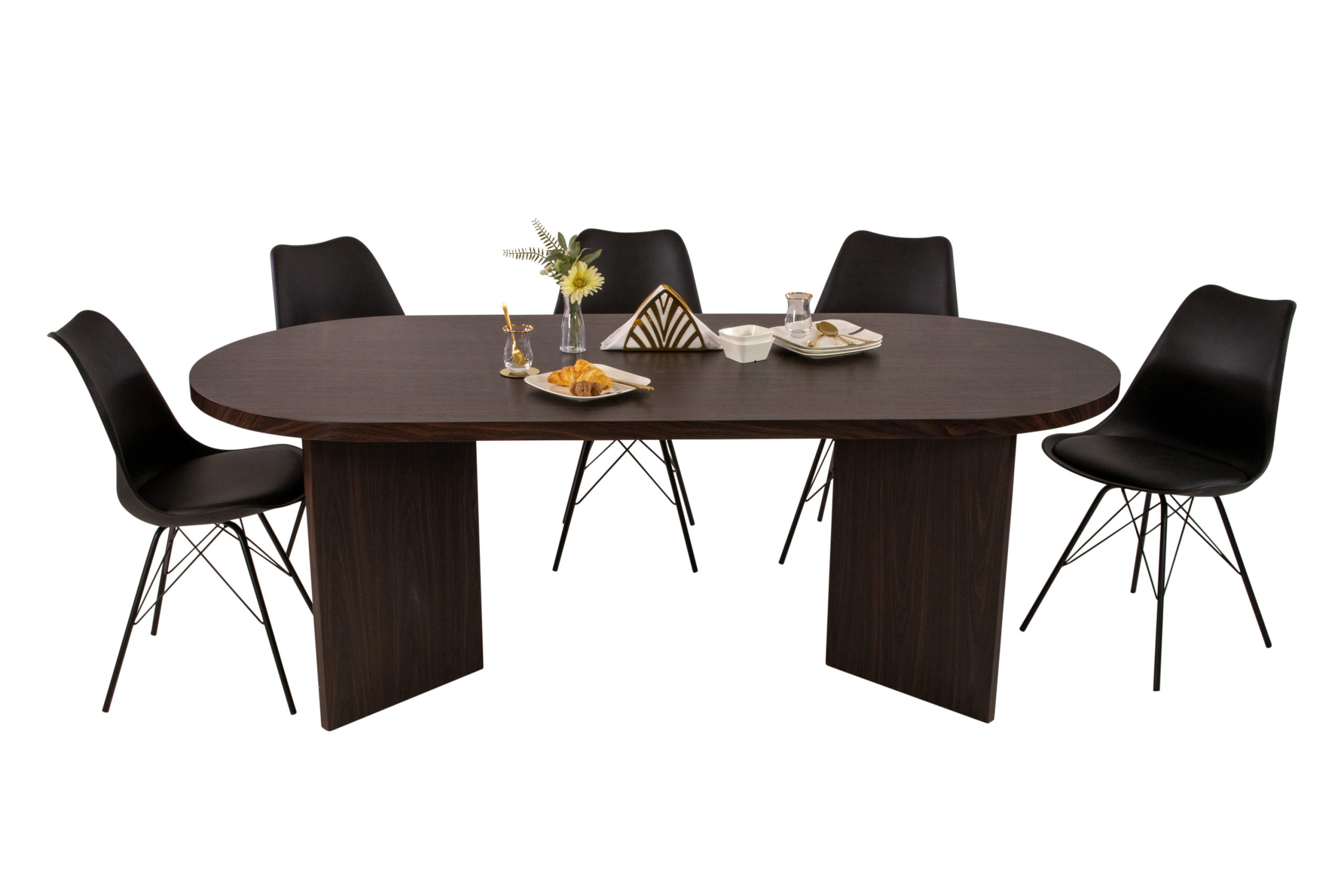 Esstisch oval mit geraden Kanten 204x90 cm Holz Nussbaum-Optik Tischbeine V-Form OVI – Bild 8