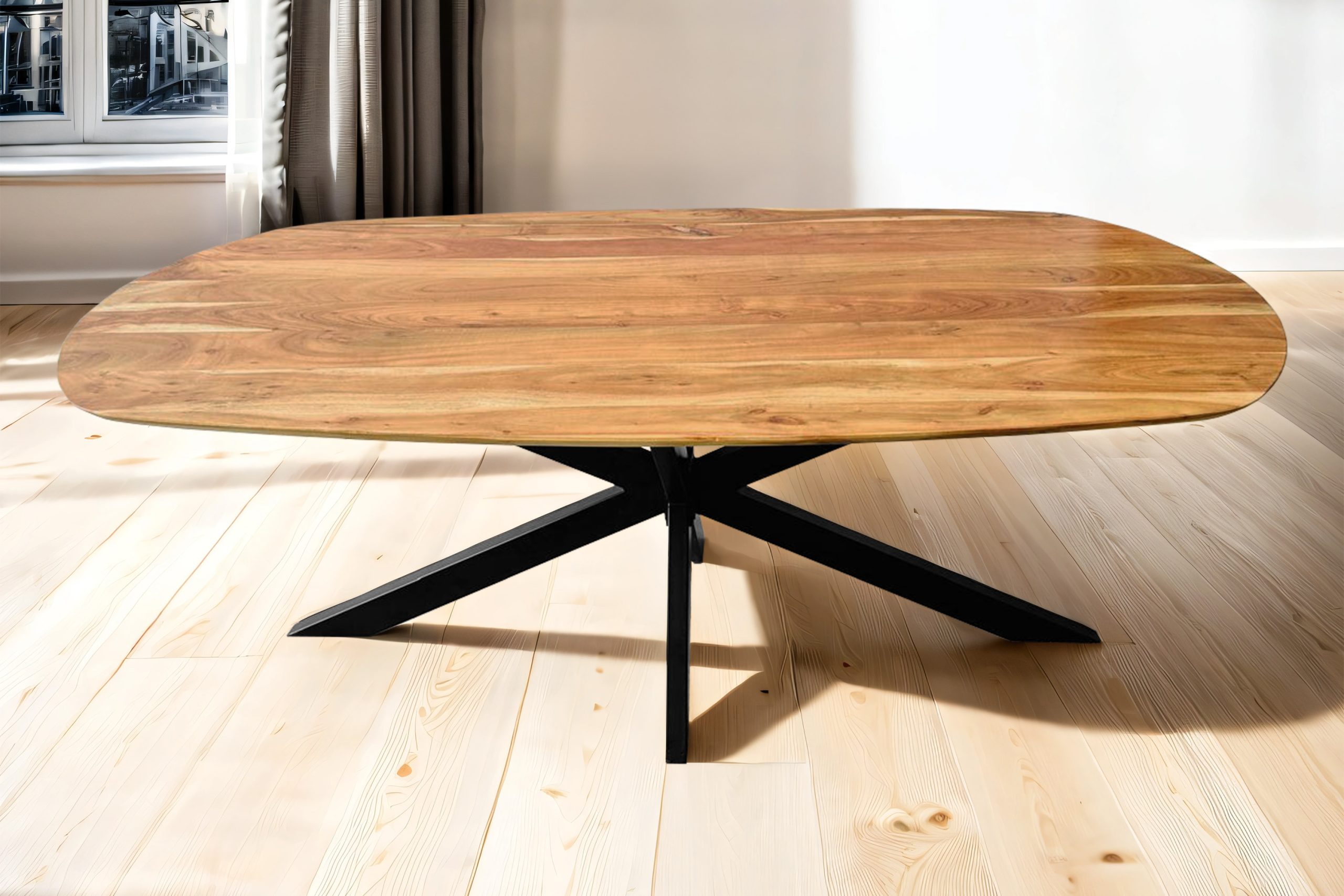Esszimmertisch Oval 200 x 100 cm Akazienholz massiv natur Spider-Gestell schwarz RAMA – Bild 4