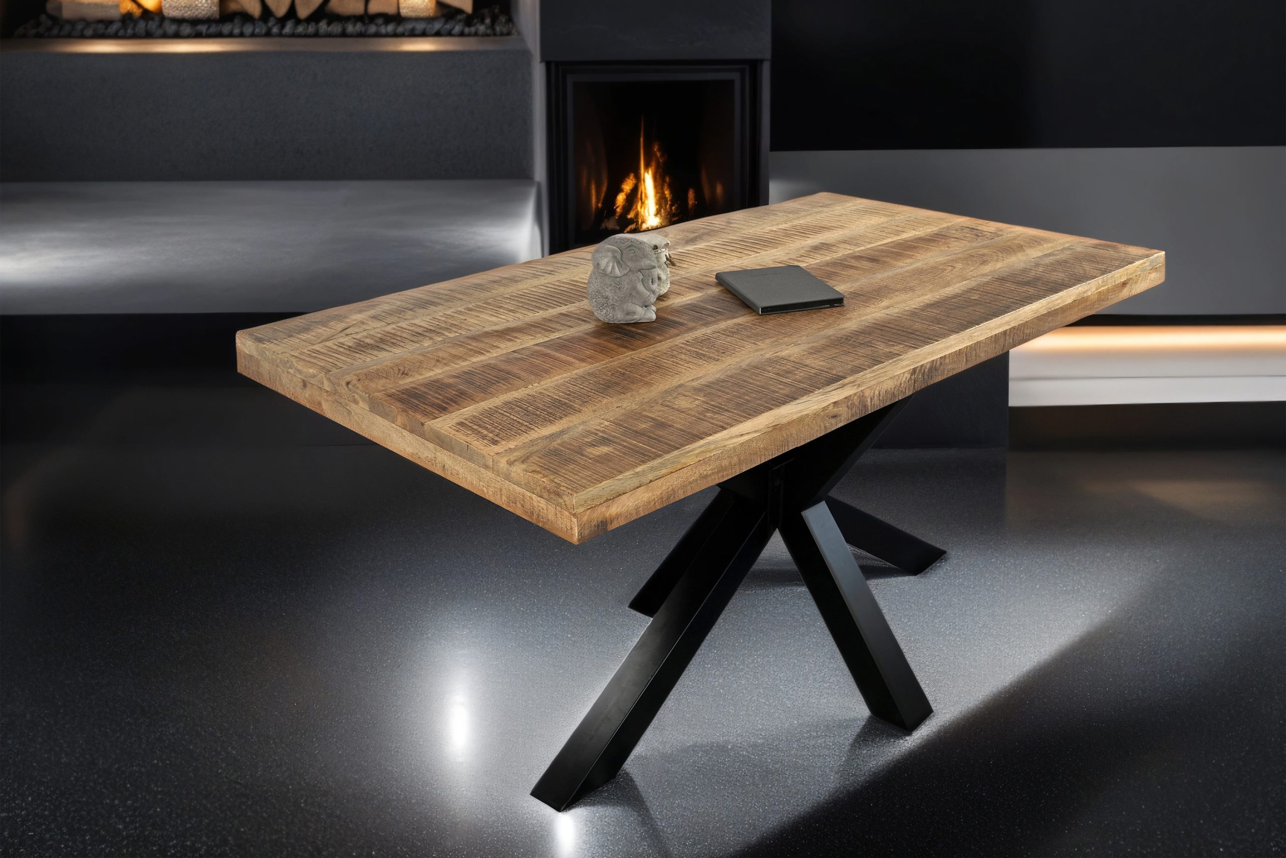 Esstisch 180x90cm Mangoholz gerade Kante Spider-Gestell schwarz RIO