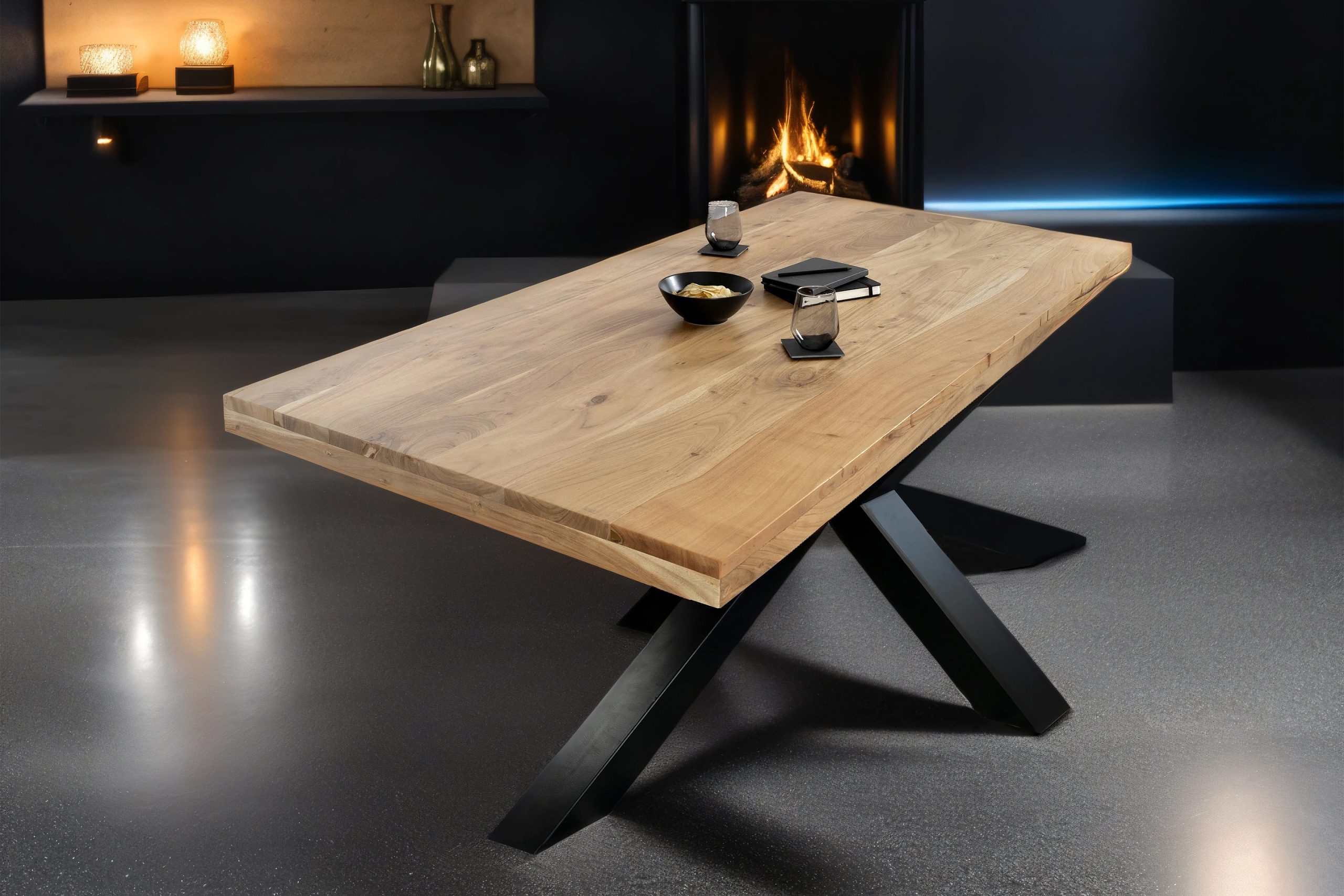 Esstisch 260x100cm Akazienholz naturfarben gerade Kante Spider-Gestell schwarz RIO