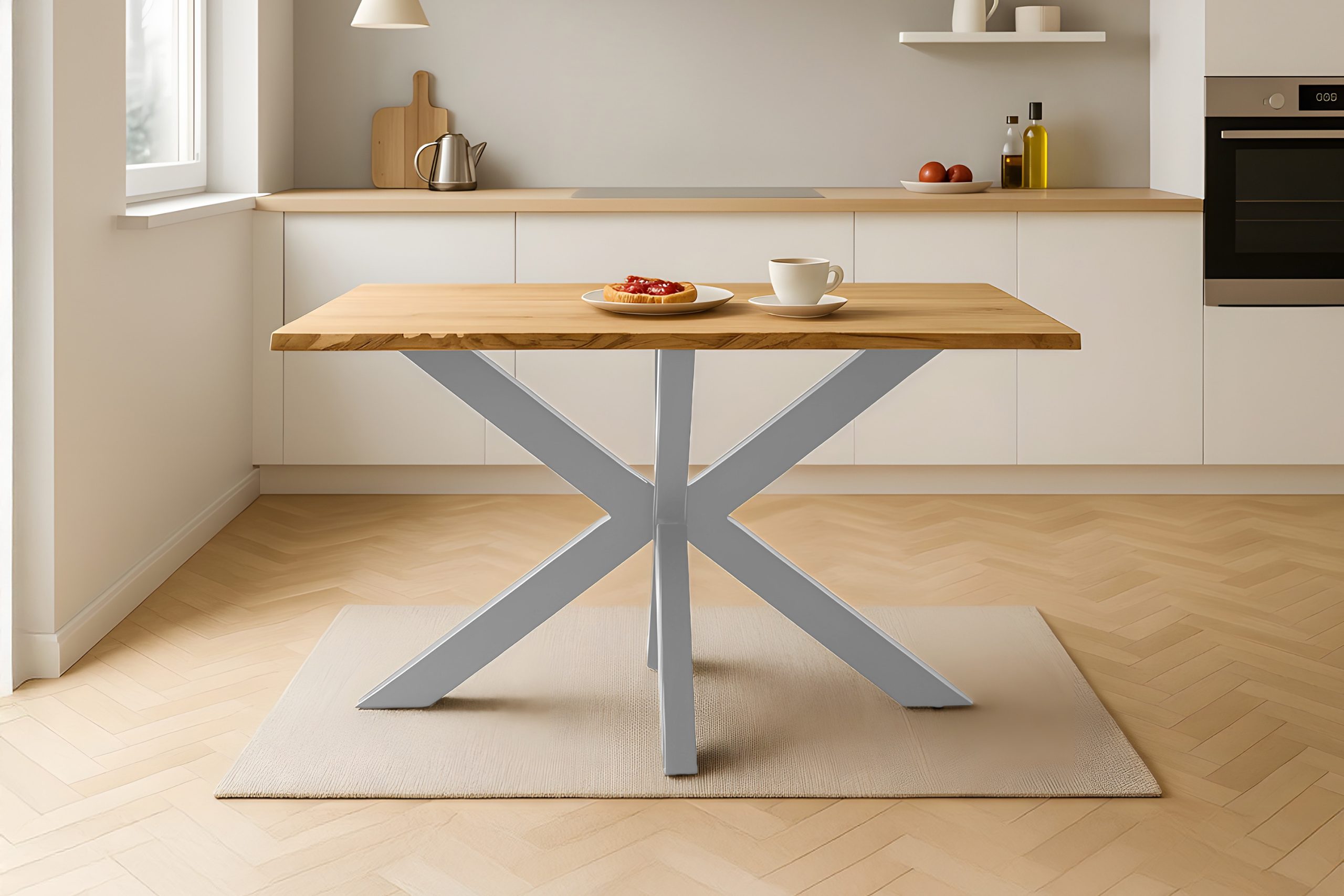 Esstisch 140x80 cm Baumkante Eichenholz massiv geölt Spider-Gestell silber SALVADOR