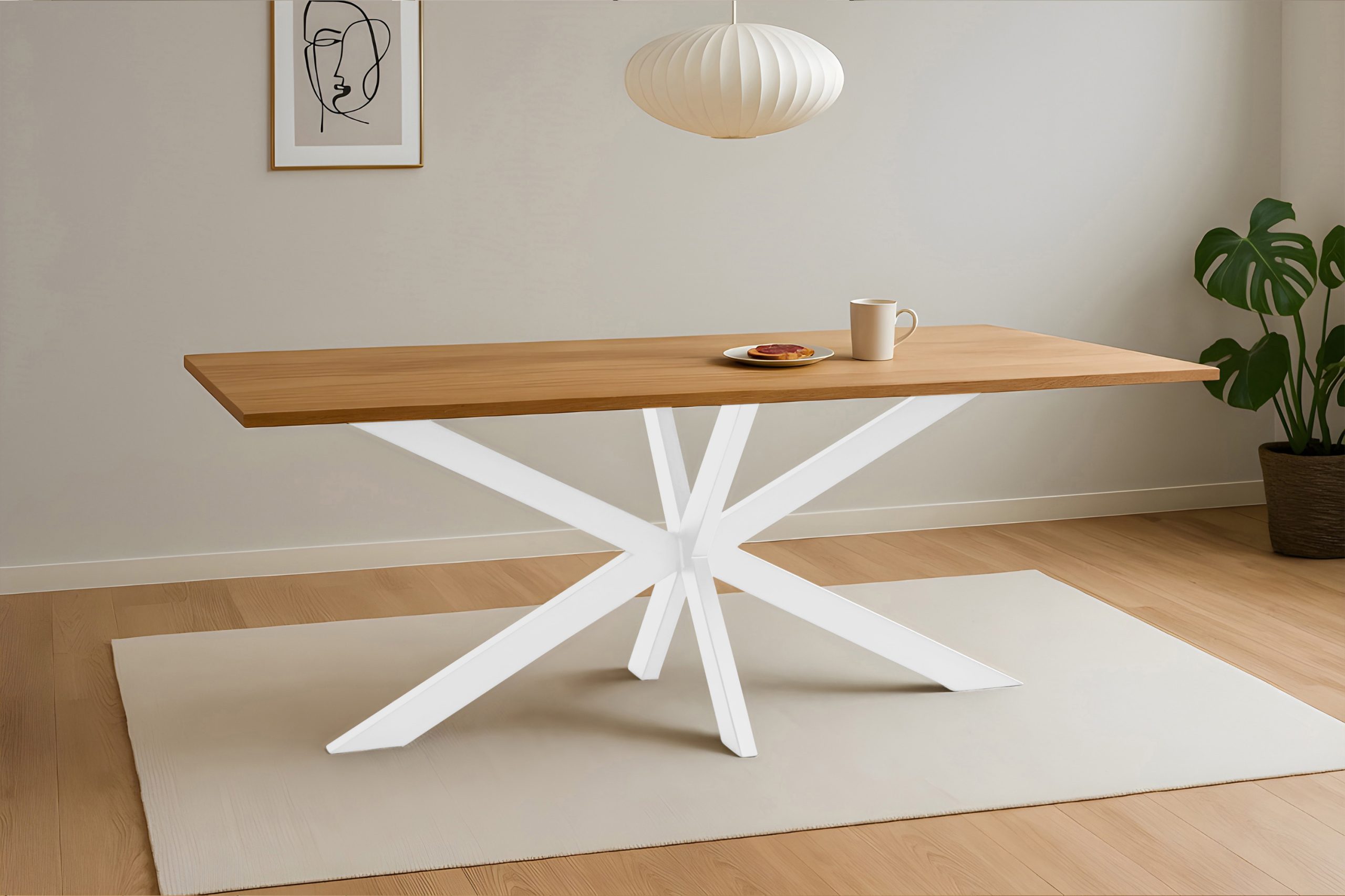 Esstisch 260x100 cm Baumkante Eichenholz massiv geölt Spider-Gestell weiß SALVADOR