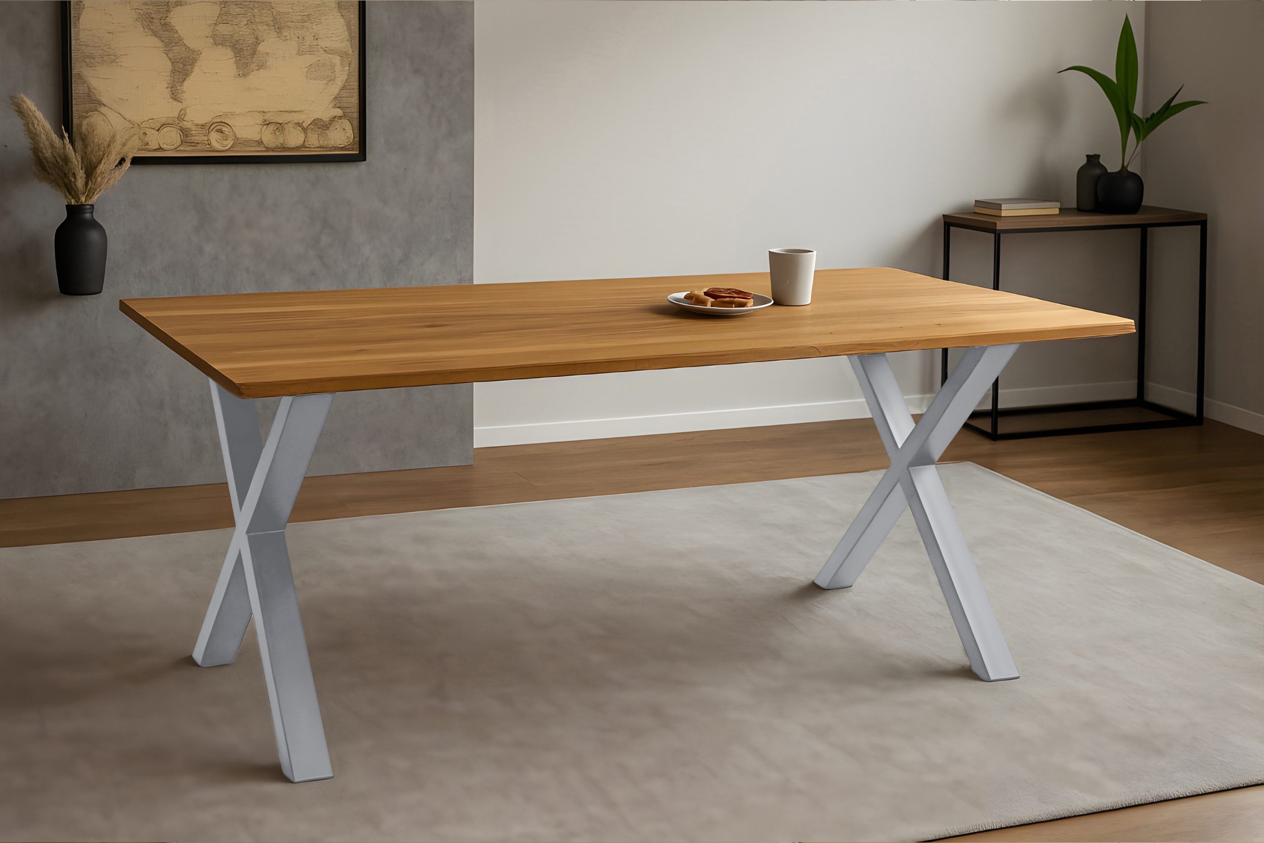 Esstisch 200x100 cm Baumkante Eichenholz massiv geölt X-Gestell silber SALVADOR