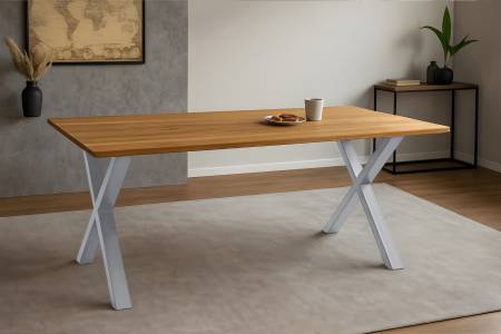 Esstisch 280x100 cm Baumkante Eichenholz massiv geölt X-Gestell silber SALVADOR