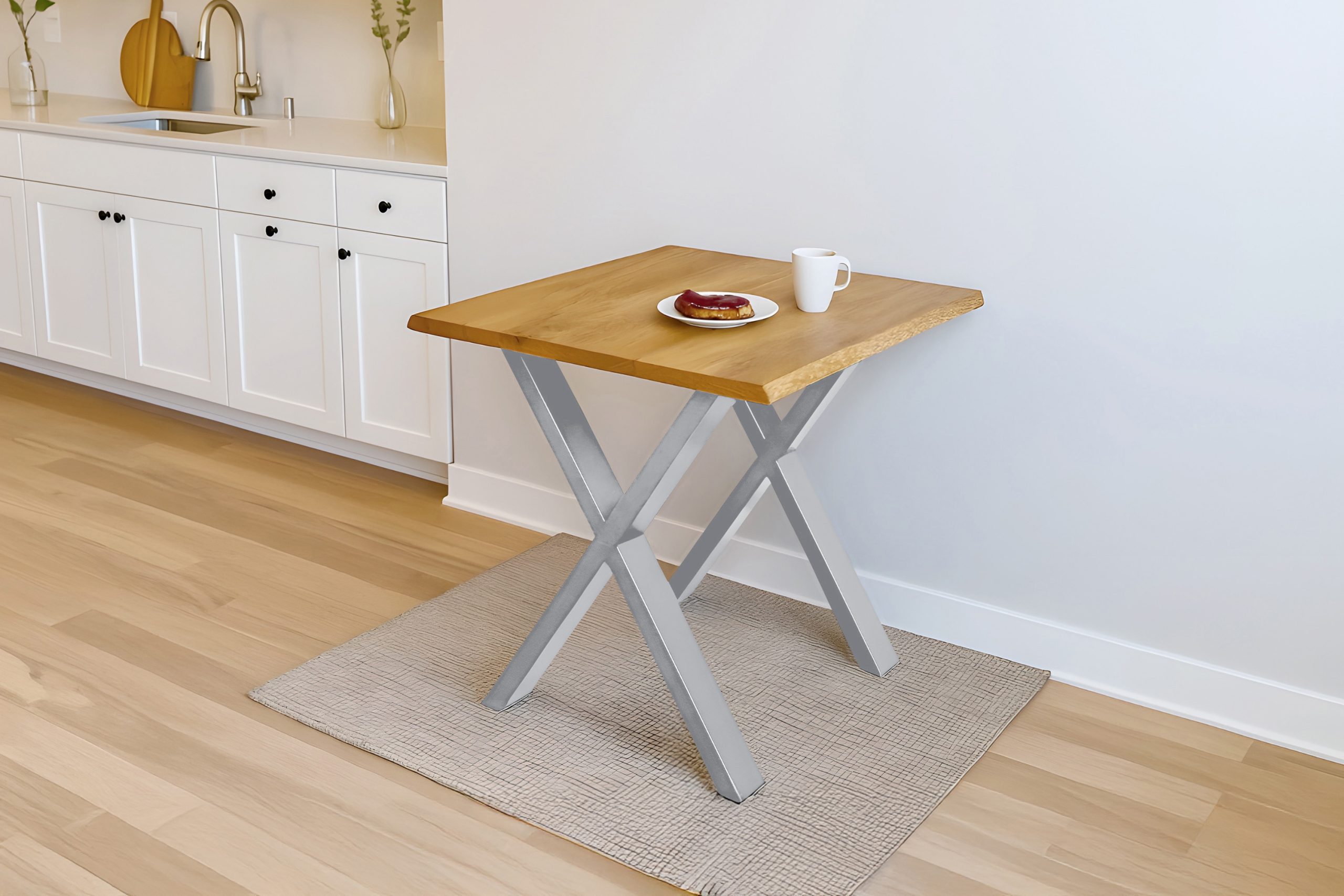 Esstisch 80x80 cm Baumkante Eichenholz massiv geölt X-Gestell silber SALVADOR