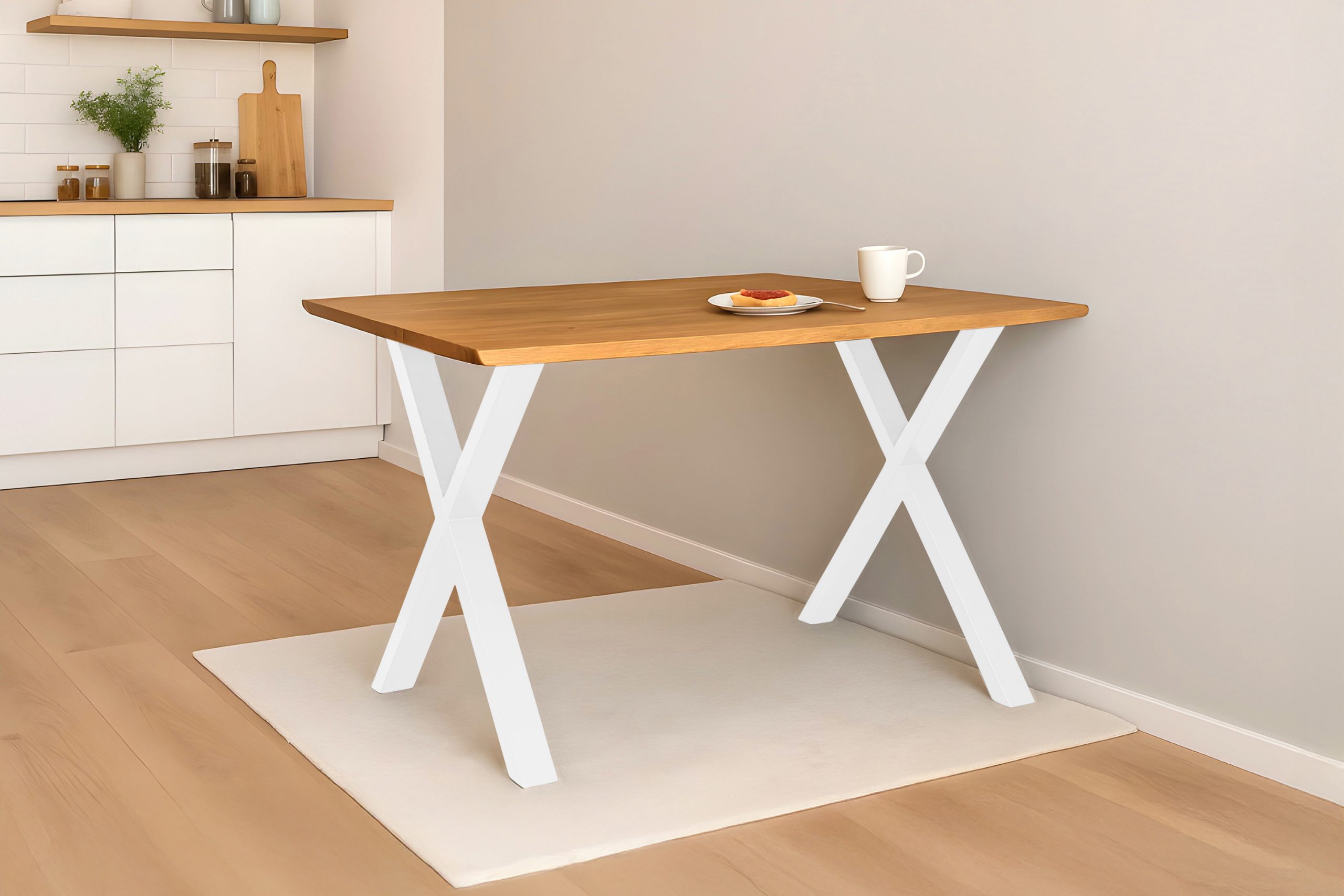 Esstisch 120x80 cm Baumkante Eichenholz massiv geölt X-Gestell weiß SALVADOR